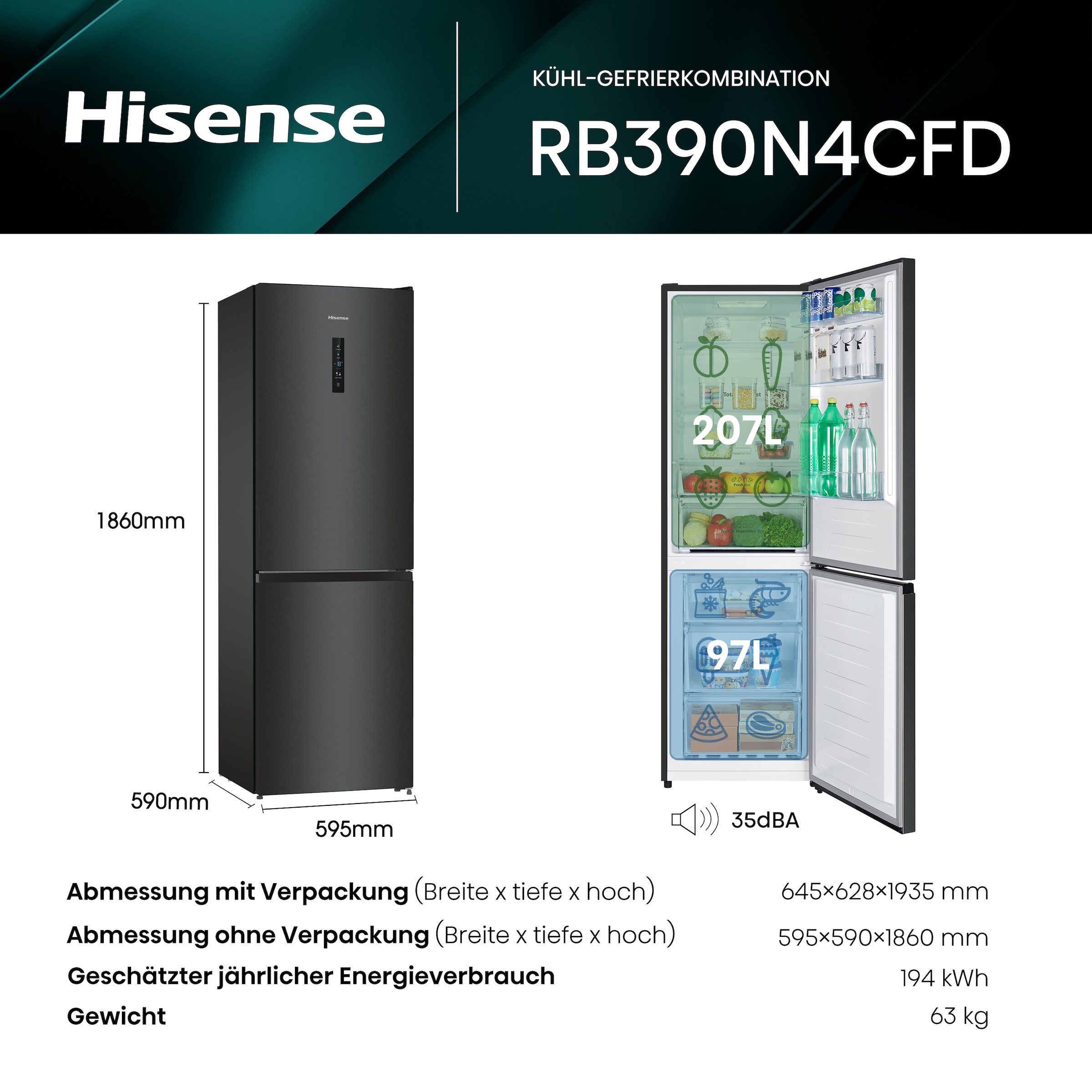 Hisense Kühl-/Gefrierkombination »RB390N4CFD«, Außen-Display