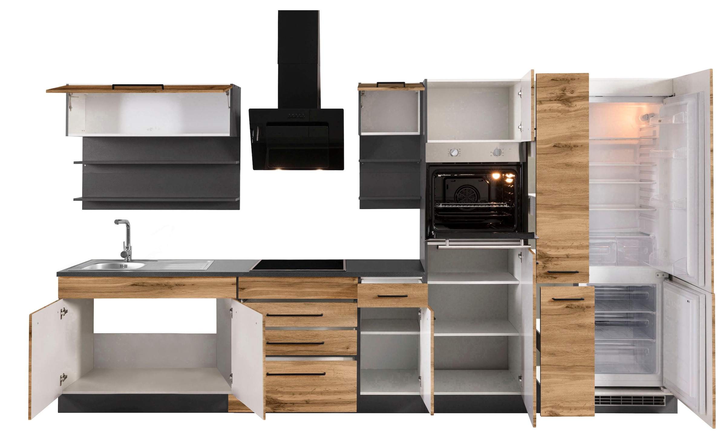 KOCHSTATION Küchenzeile »KS-Tulsa«, ohne E-Geräte, Breite 360 cm, schwarze Metallgriffe, MDF Fronten
