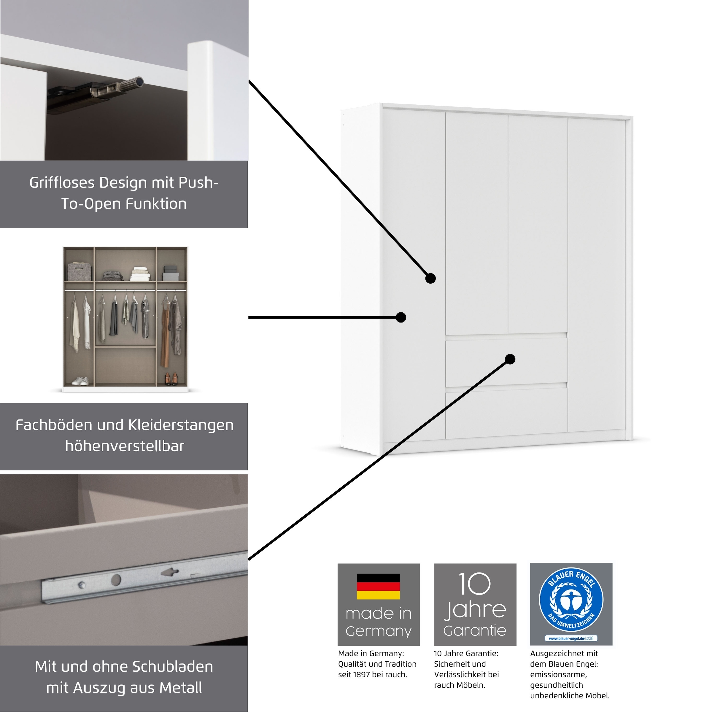 rauch Drehtürenschrank »Schrank Garderobe MAINZ Breiten 91/136/181/226/271/315/360, Höhe 210cm« 3 verschiedene Ausstattungen BASIC/CLASSIC/PREMIUM (inkl. SOFT-CLOSE),  grifflose Front, Außentüren mit Push-to-Open Funktion MADE IN GERMANY