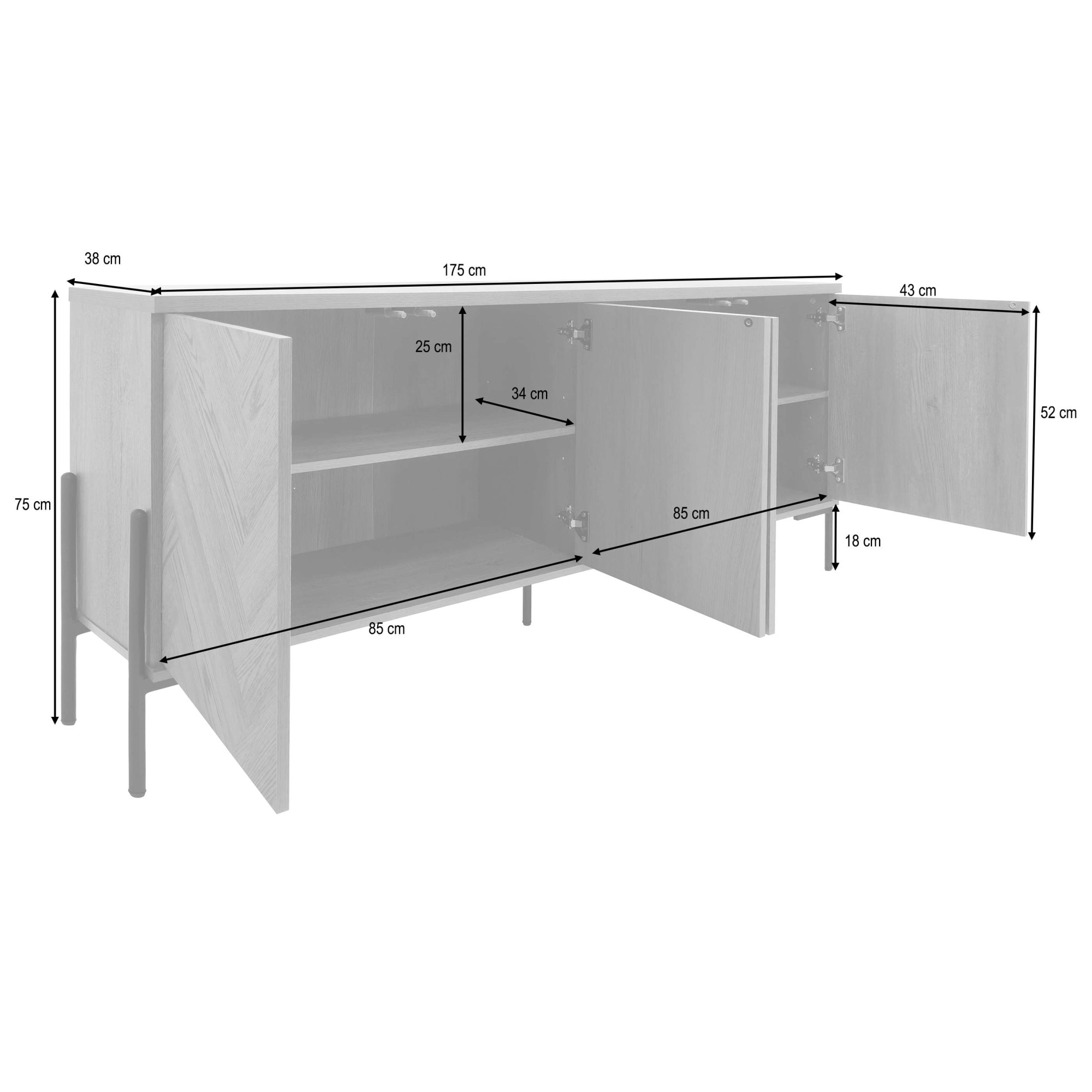 Leonique Sideboard »Eadwine« Kommode, Push-to-open, Türen mit Fischgräten Muster, Breite 175 cm