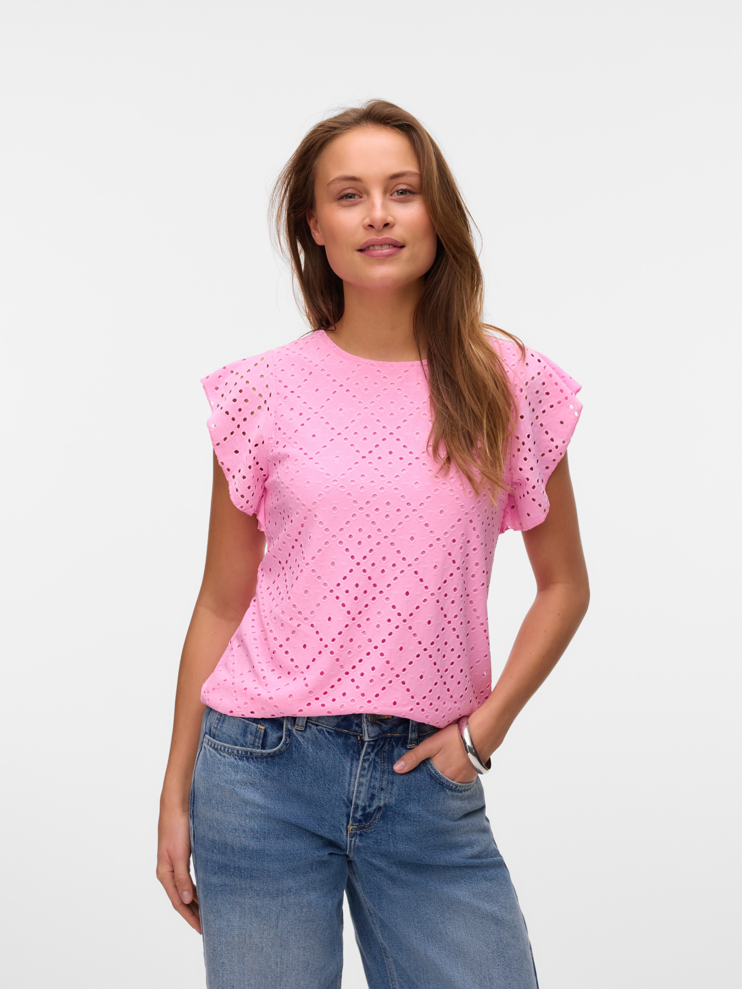 Vero Moda Rundhalsshirt »VMTASSA SL FRILL TOP NOOS« Materialmix, loose fit