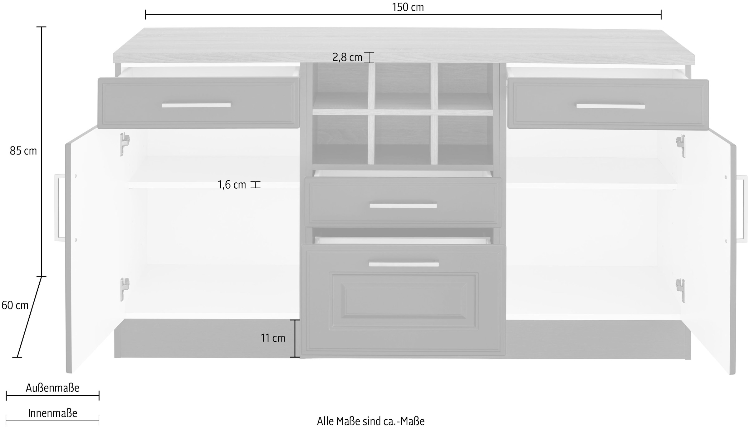 HELD MÖBEL Unterschrank »Stockholm«, 150 cm breit, hochwertige MDF-Fronten mit Fräsung, viel Stauraum