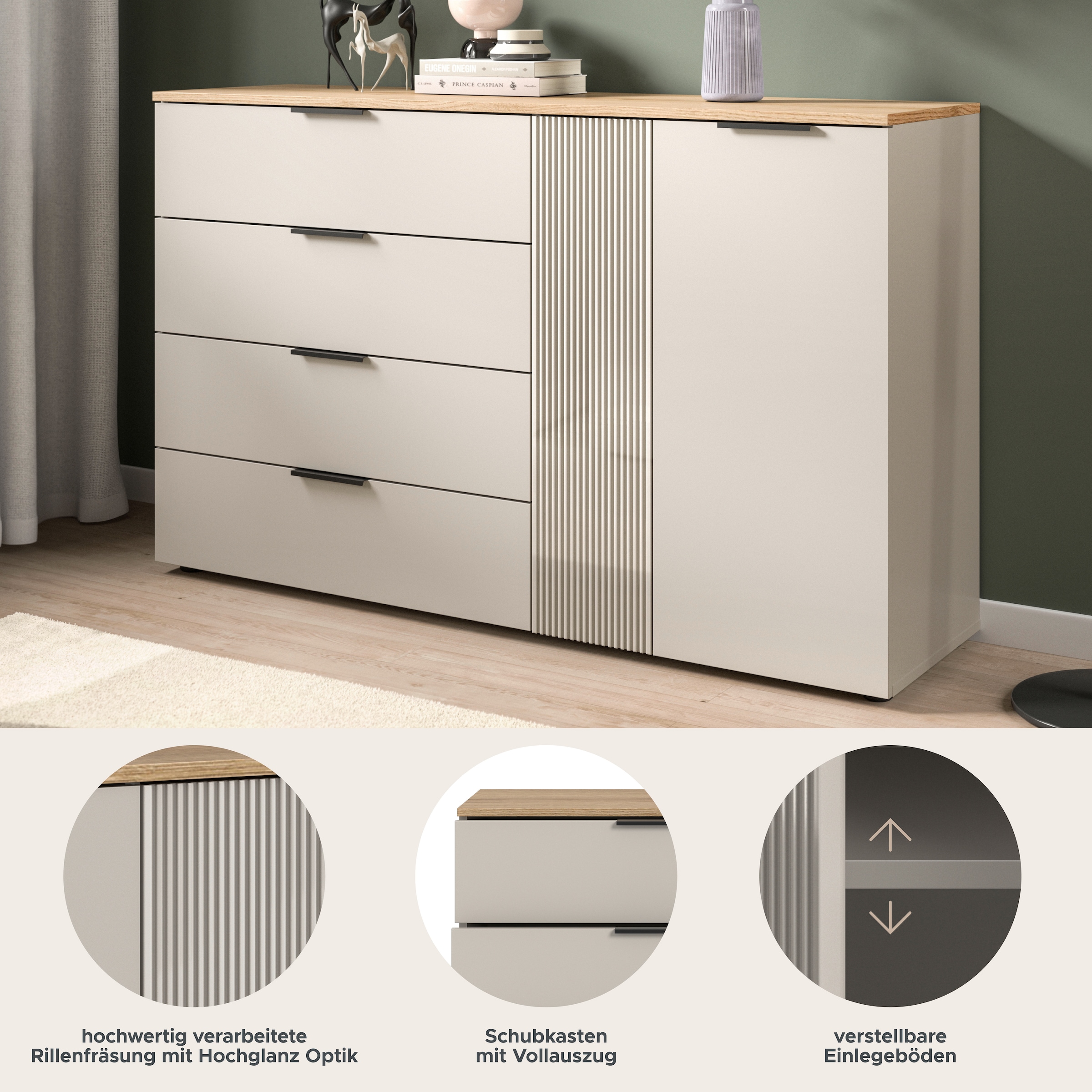 Home affaire Sideboard »EDIL, Breite 180 cm, 5 Türen, 1 Schubkasten, 5 Einlegeböden, 8 Fächer« Garderobenschrank, Schuhschrank, Schuhkommode, Kommode, Anrichte