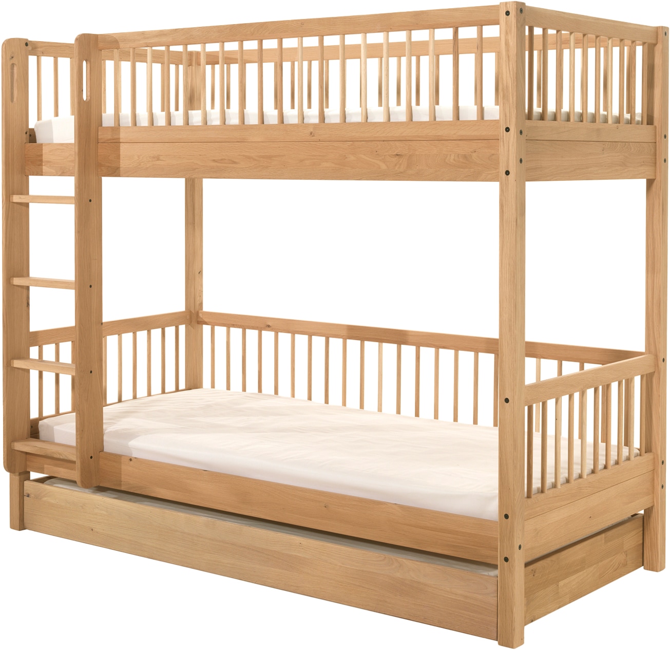 Home affaire Etagenbett »Eiche massiv, Made in Europe, langlebige Qualität«, (B/H/T ca. 208x176x98cm, Schublade+unterer Rausfallschutz optional), 2 Lattenroste, wahlweise mit oder ohne Bettschublade und Absturzschutz