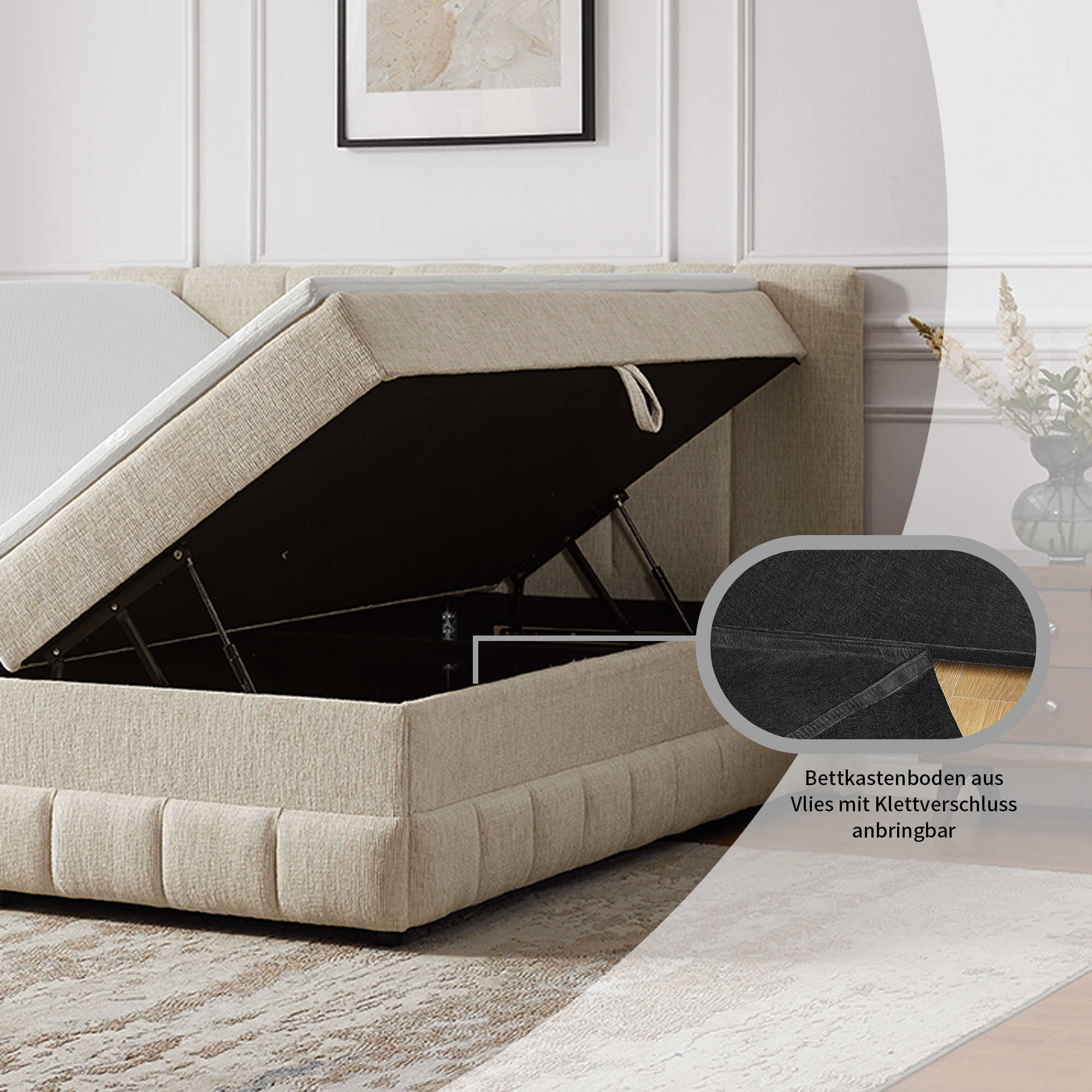OTTO home Boxbett »LIKELY, Polsterbett mit Bettkasten, inkl. Taschenfederkernmatratze H3« mit Kaltschaumtopper, Strukturstoff-Bezug, 140x200 & 180x200 cm