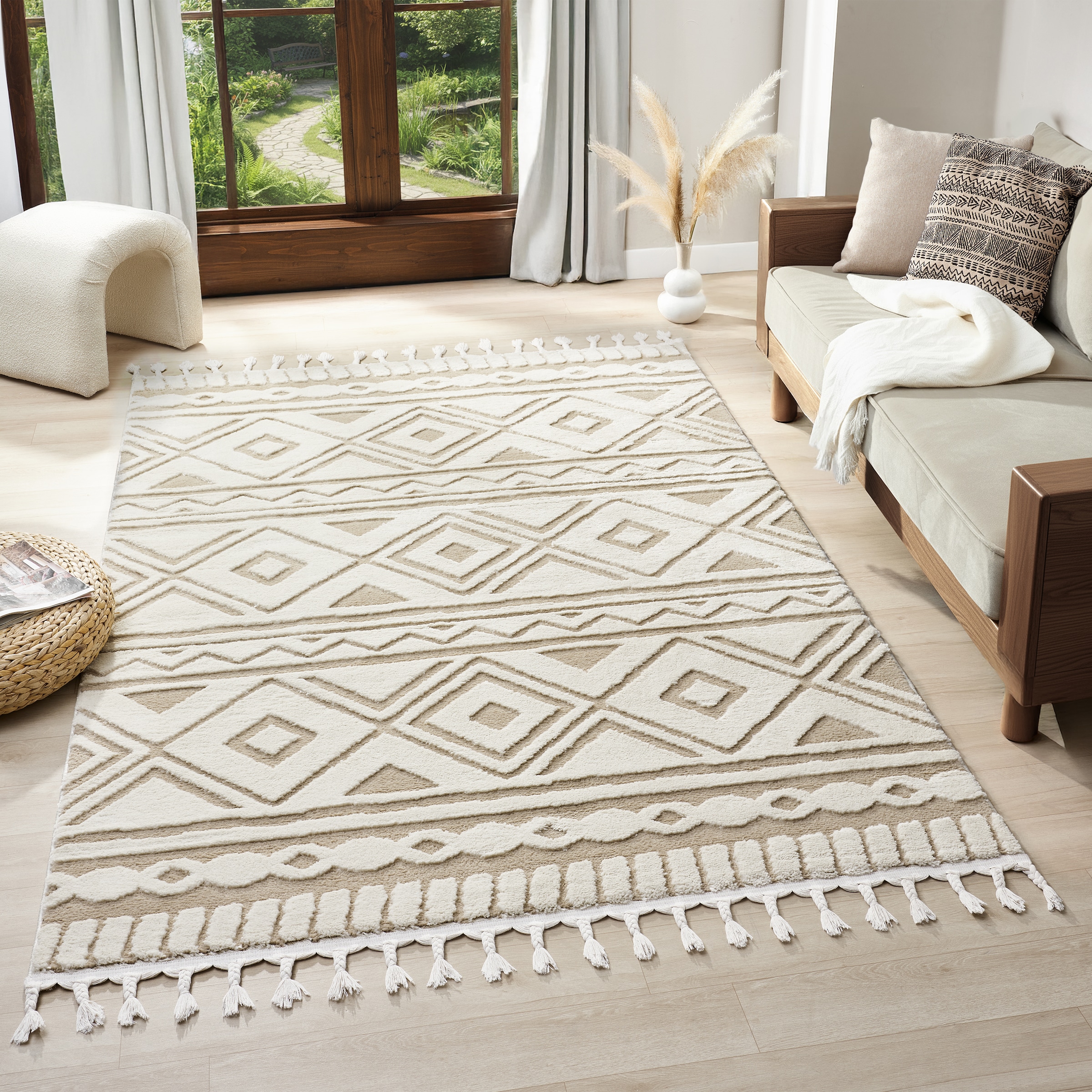 OTTO home Teppich »Bonvo« rechteckig 19 mm Höhe mit Fransen, Hoch-Tief-Struktur, Wohnzimmer, Schlafzimmer, Boho-Style