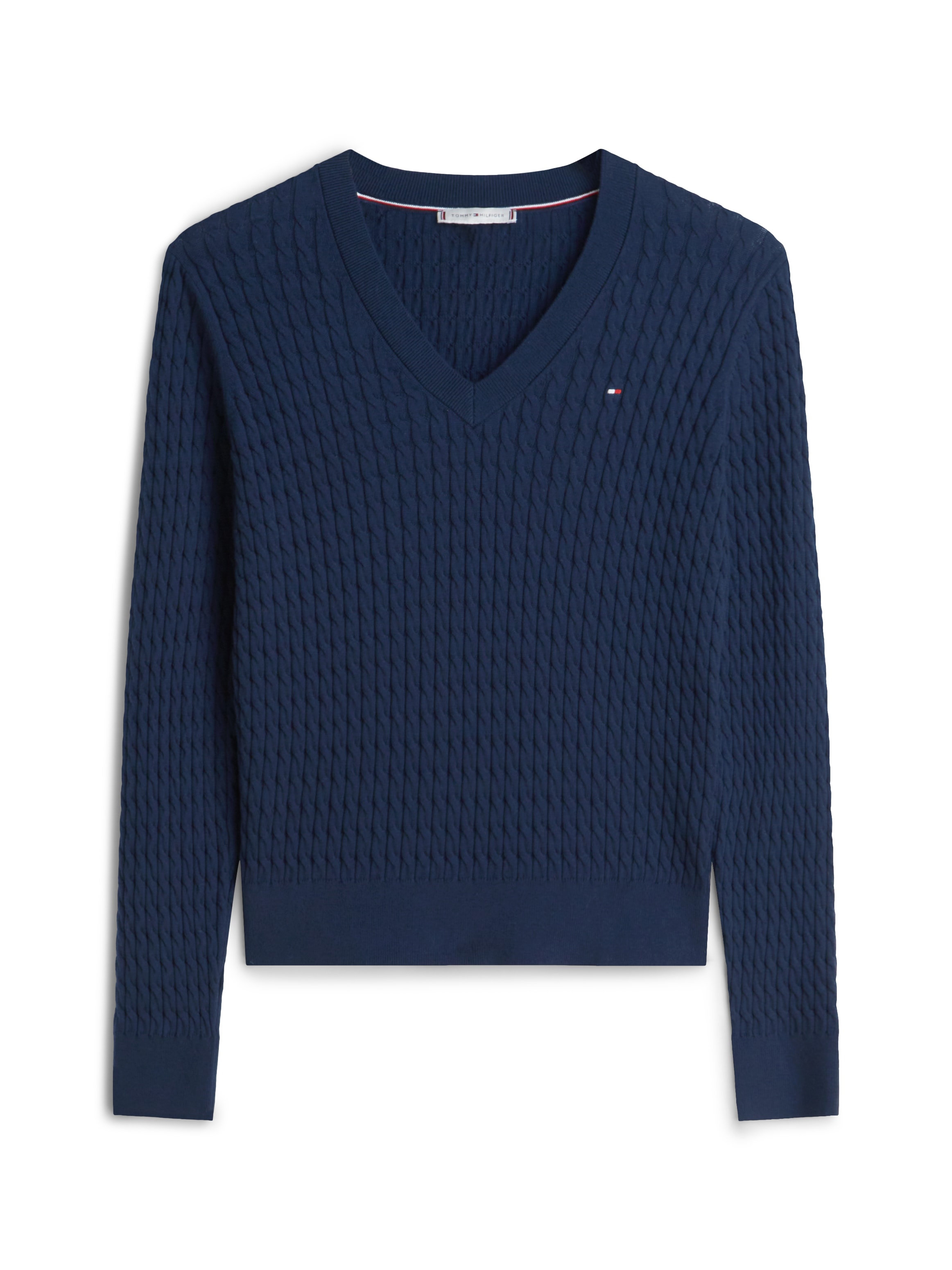 Tommy Hilfiger V-Ausschnitt-Pullover »CO CABLE V-NK LS SWT«, mit Zopfmuster, Logostickerei