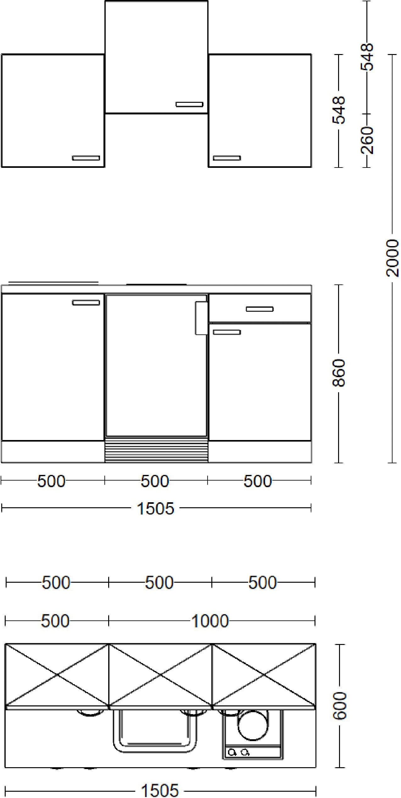 Flex-Well Küchenzeile »Kopenhagen«, Breite 150,5 cm, mit Unterbau-Kühlschrank, Kochfeld und Spüle