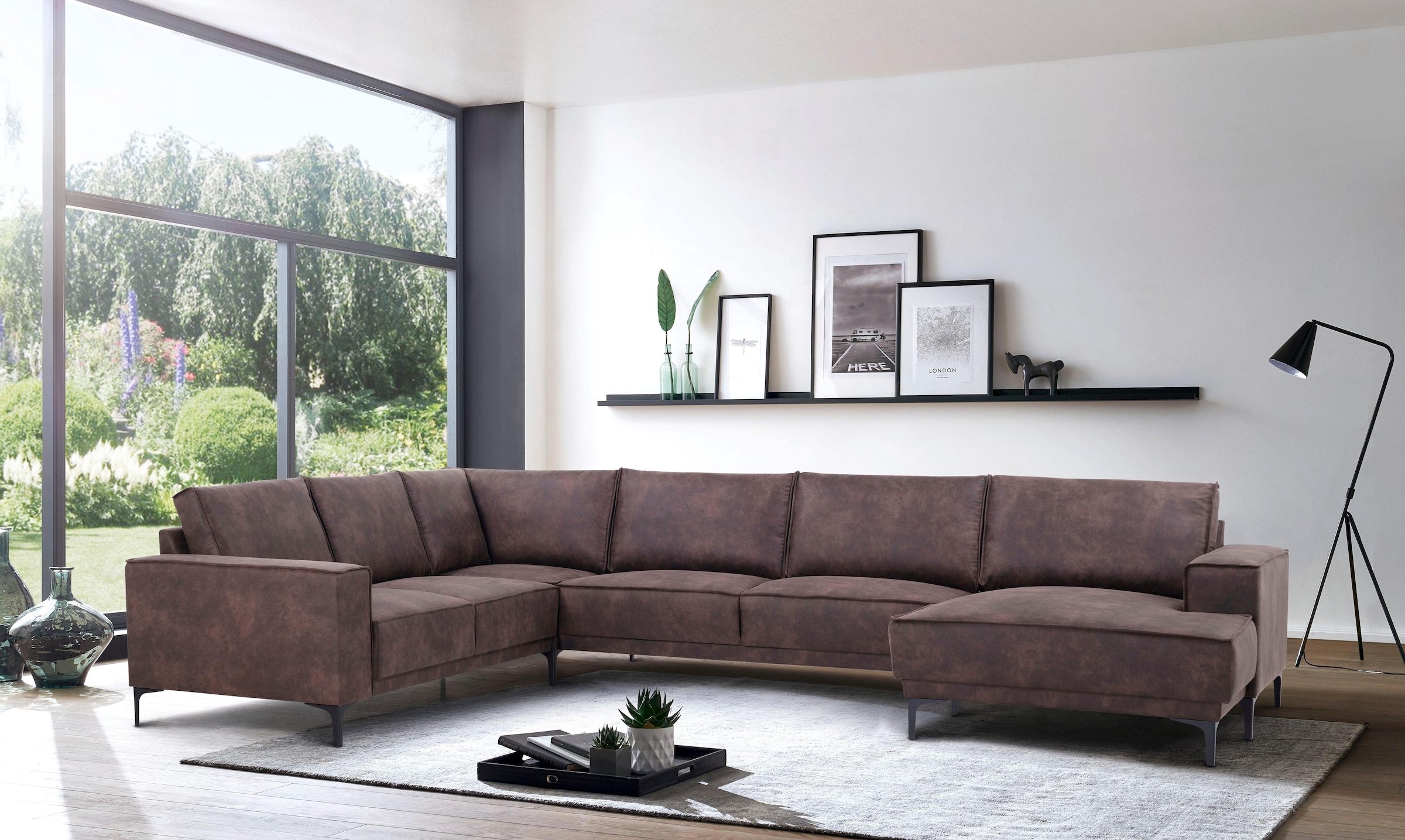 Places of Style Wohnlandschaft »XXL Sofa Oland, Struktur, Flachgewebe, Luxus-Microfaser, Boucle«, U-Form, 342 cm, Wellenunterfederung, Skandi-Design, Metallfüße