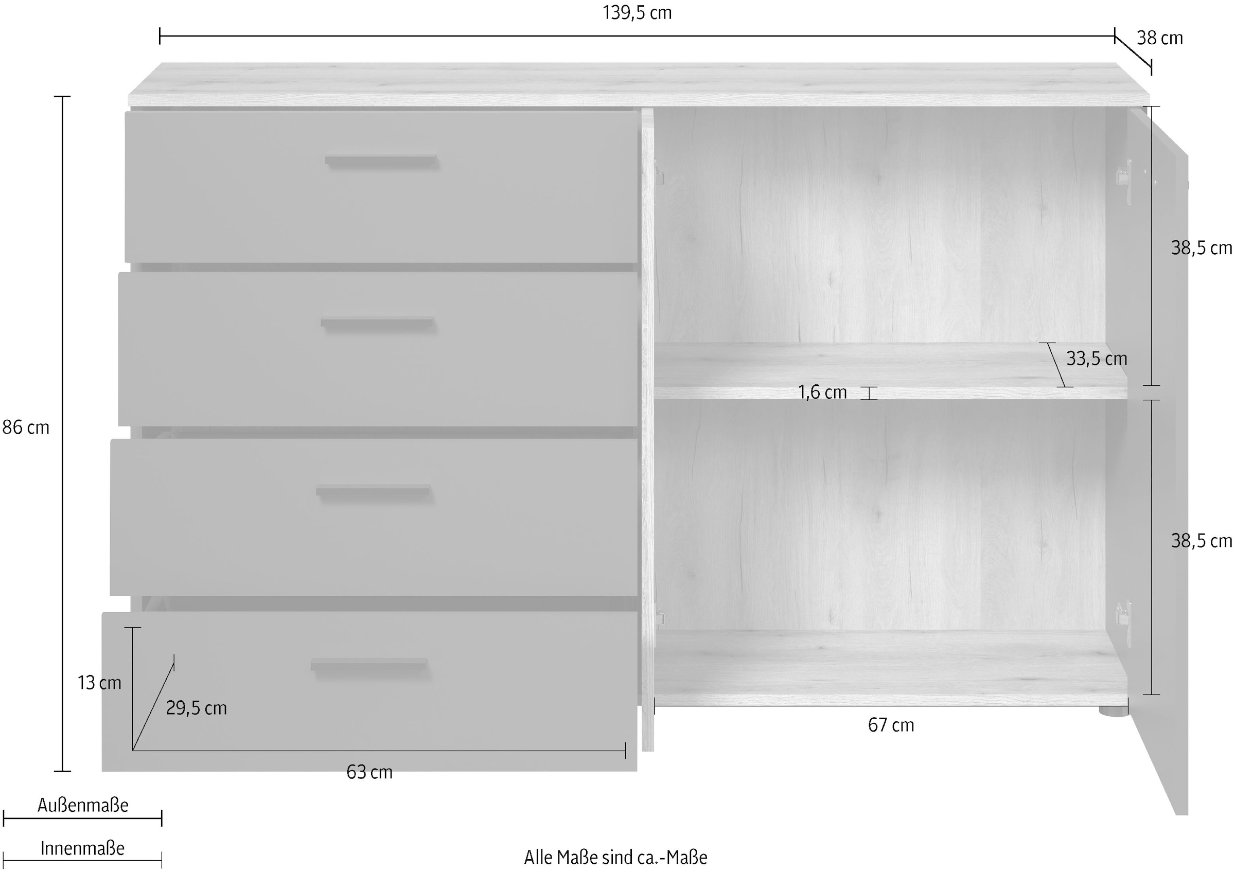 Home affaire Kommode »Estepona« 1 Stk. tlg. Sideboard mit voll ausziehbaren Schubladen - (B/T/H) 139/38/86 cm