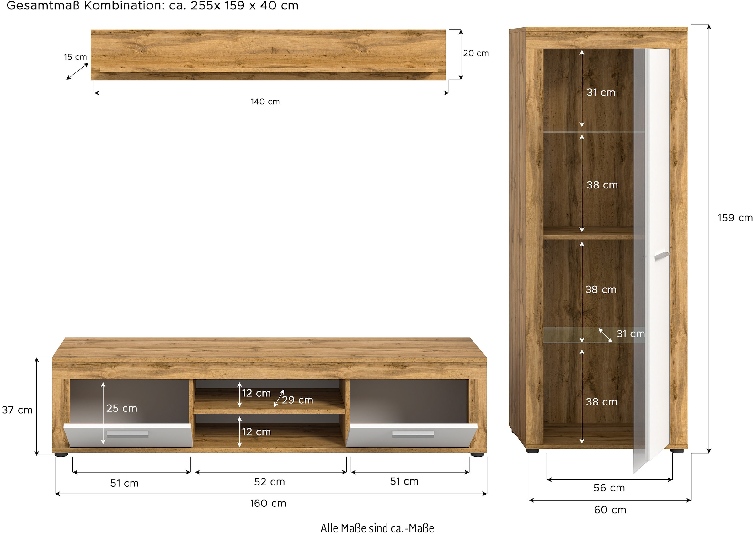 INOSIGN Wohnwand »Aosta, Breite 235cm, bestehend aus Lowboard, Wandboard, Vitrine«, (3 St.), Wohnwand, Kombination, Anbauwand, Möbel Set, Schrankwand, Möbel Kombi
