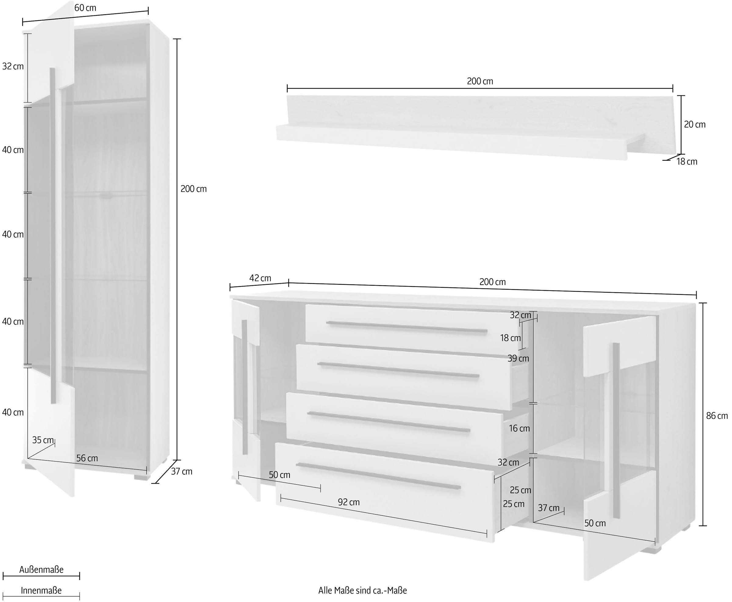 Home affaire Wohnwand »Cantara, Anbauwand, Wohnzimmer-Set, in Eiche Evoke, Weiß oder Kaschmir« Set, 