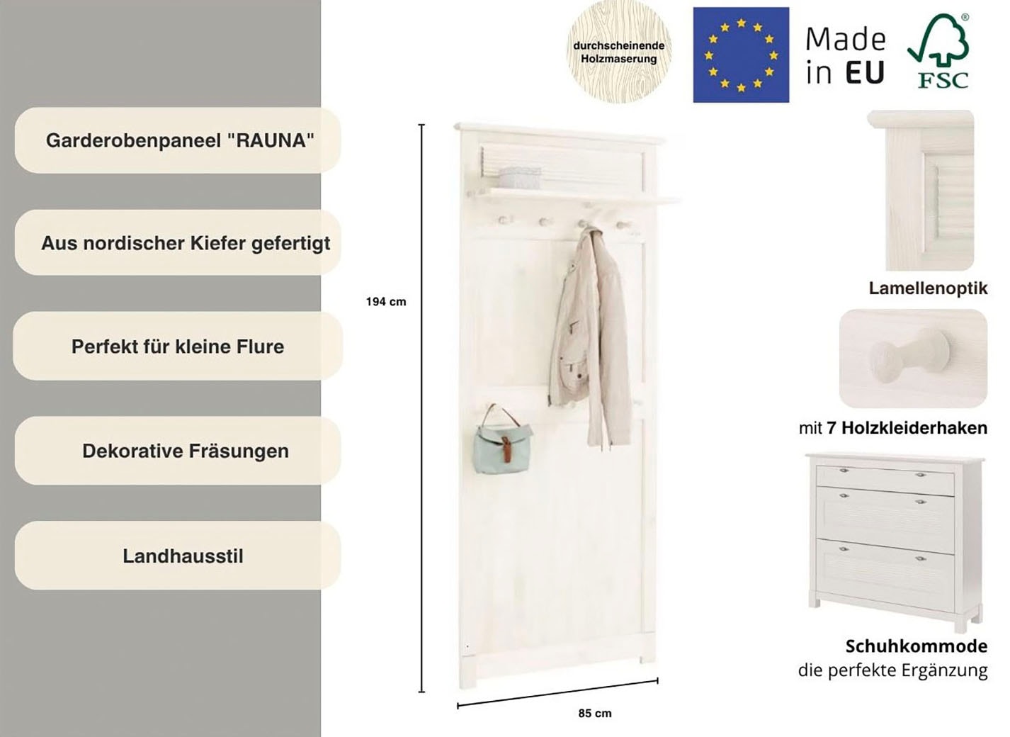 Home affaire Garderobenpaneel »Rauna«, aus massiver Kiefer, Breite 85 cm, FSC®-zertifiziert