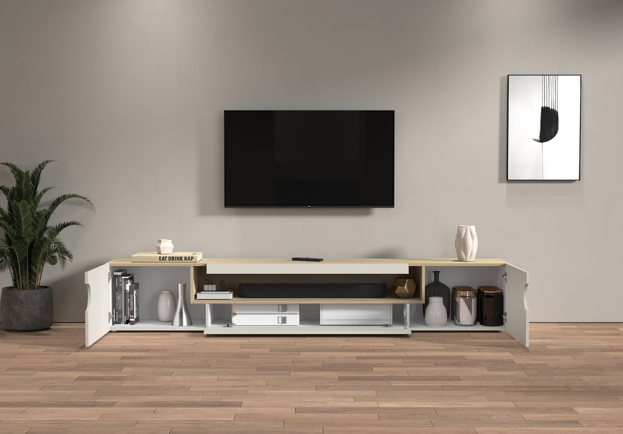 INOSIGN Lowboard »REAL TV-Möbel, 240 cm breit, 40/60 cm hoch, Hochglanz oder matt« mit 2 abgerundeten Türen, 1 Klappe, die ein ovales offenes Fach bilden