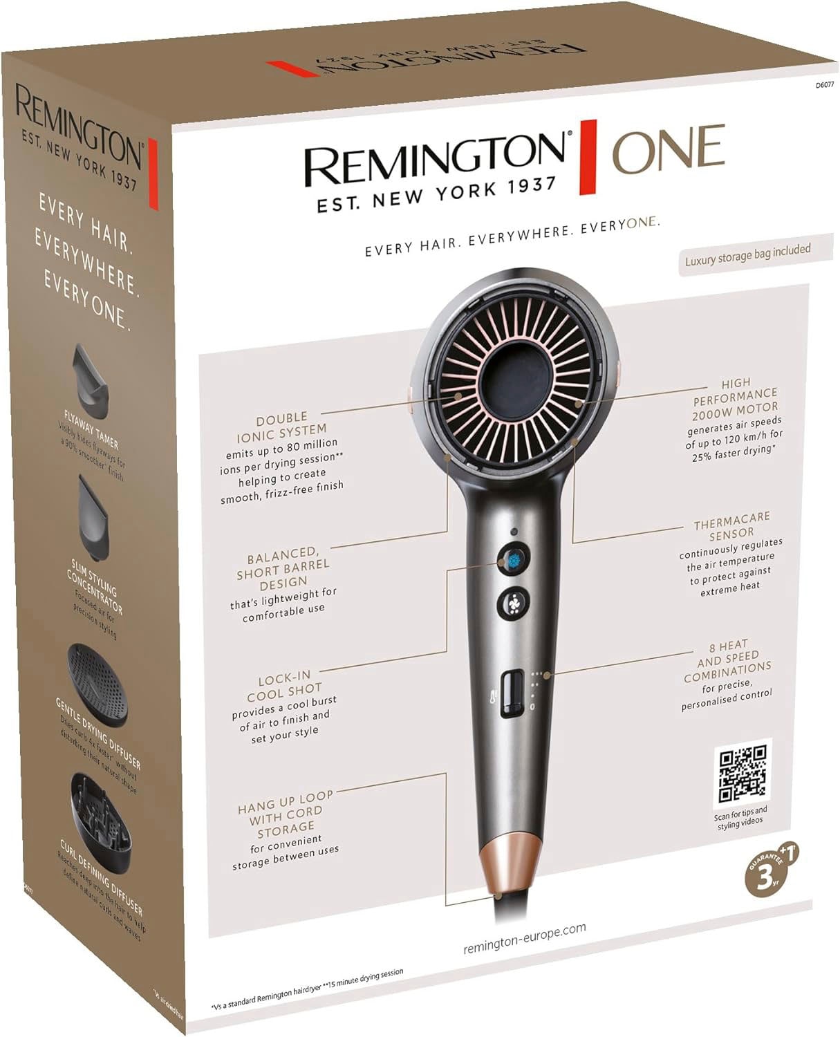 Remington Haartrockner »D6077 ONE Dry & Style Hairdryer«, 2000 W, 4 Aufsätze, 120 km/h Luftstrom, 4 Aufsätze, 8 Heiz-& Geschwindigkeitskombinationen