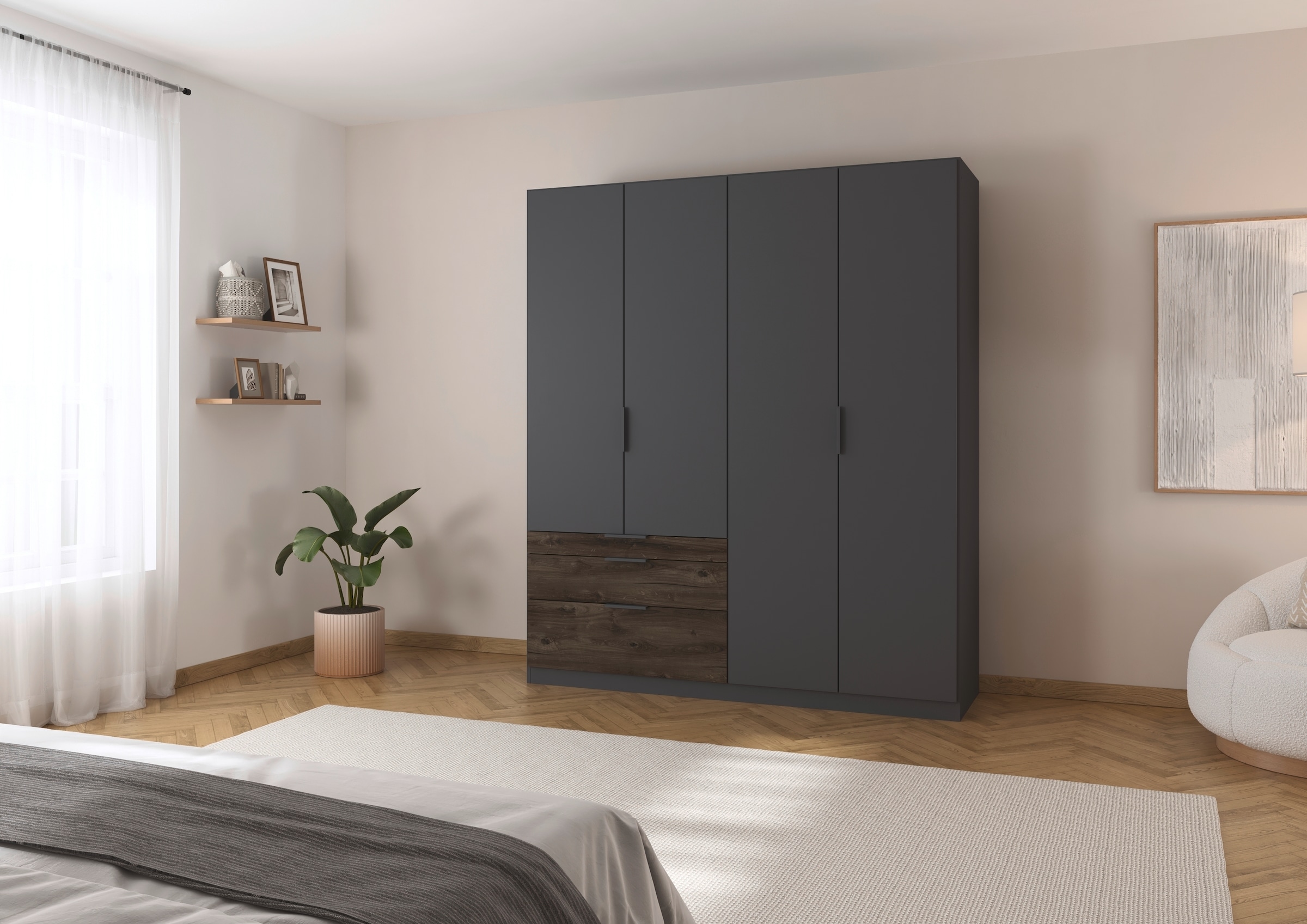 rauch Kleiderschrank »Drehtürenschrank Schrank Garderobe Schlafzimmerschrank KODA«, (oberer Schubkasten mit praktischer Inneneinteilung), mit asymmetrisch angeordneten Schubladen MADE IN GERMANY