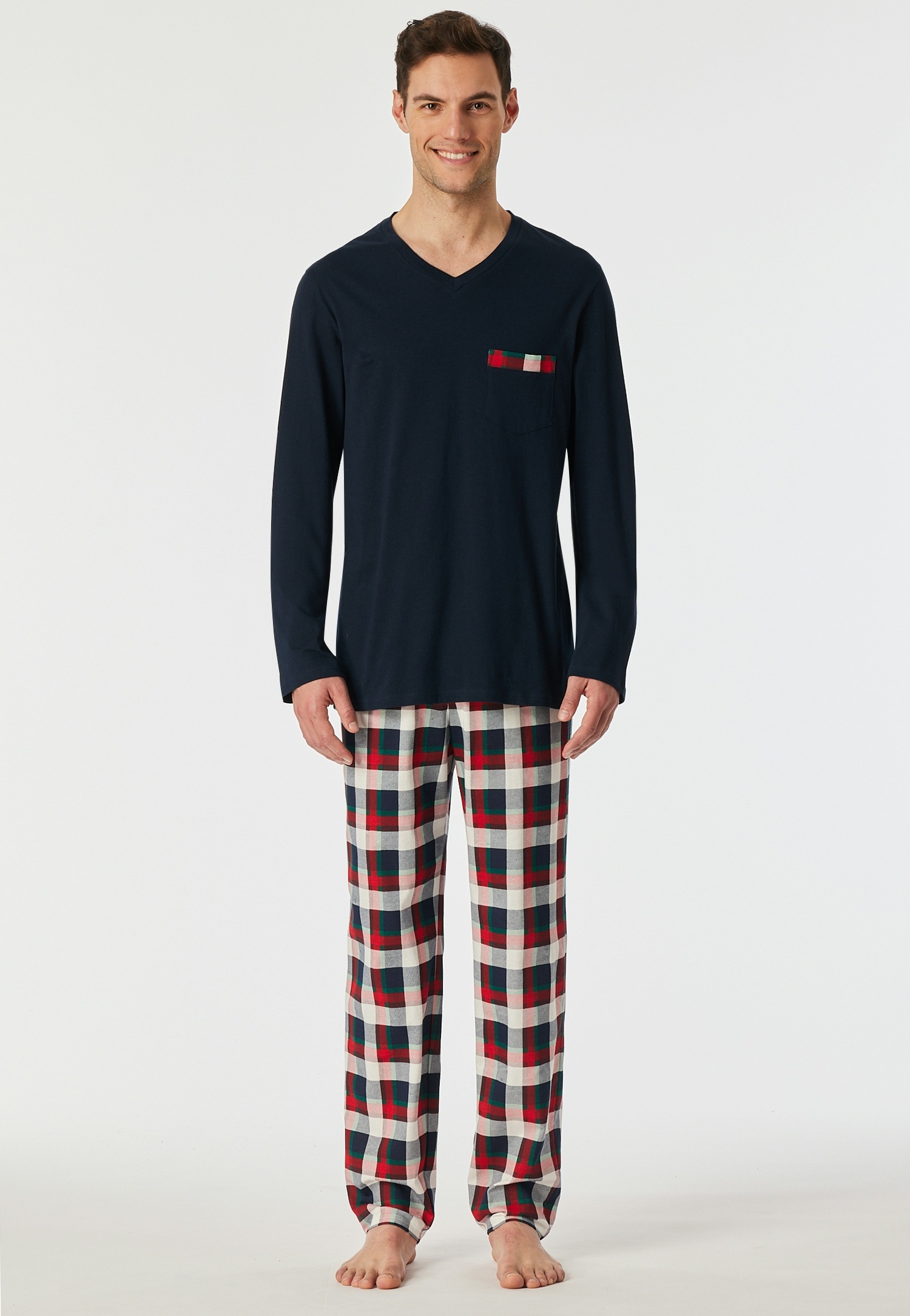 Schiesser Schlafanzug »Family« 2 tlg. V-Ausschnitt, Brusttasche, Langarm, Hose kariert