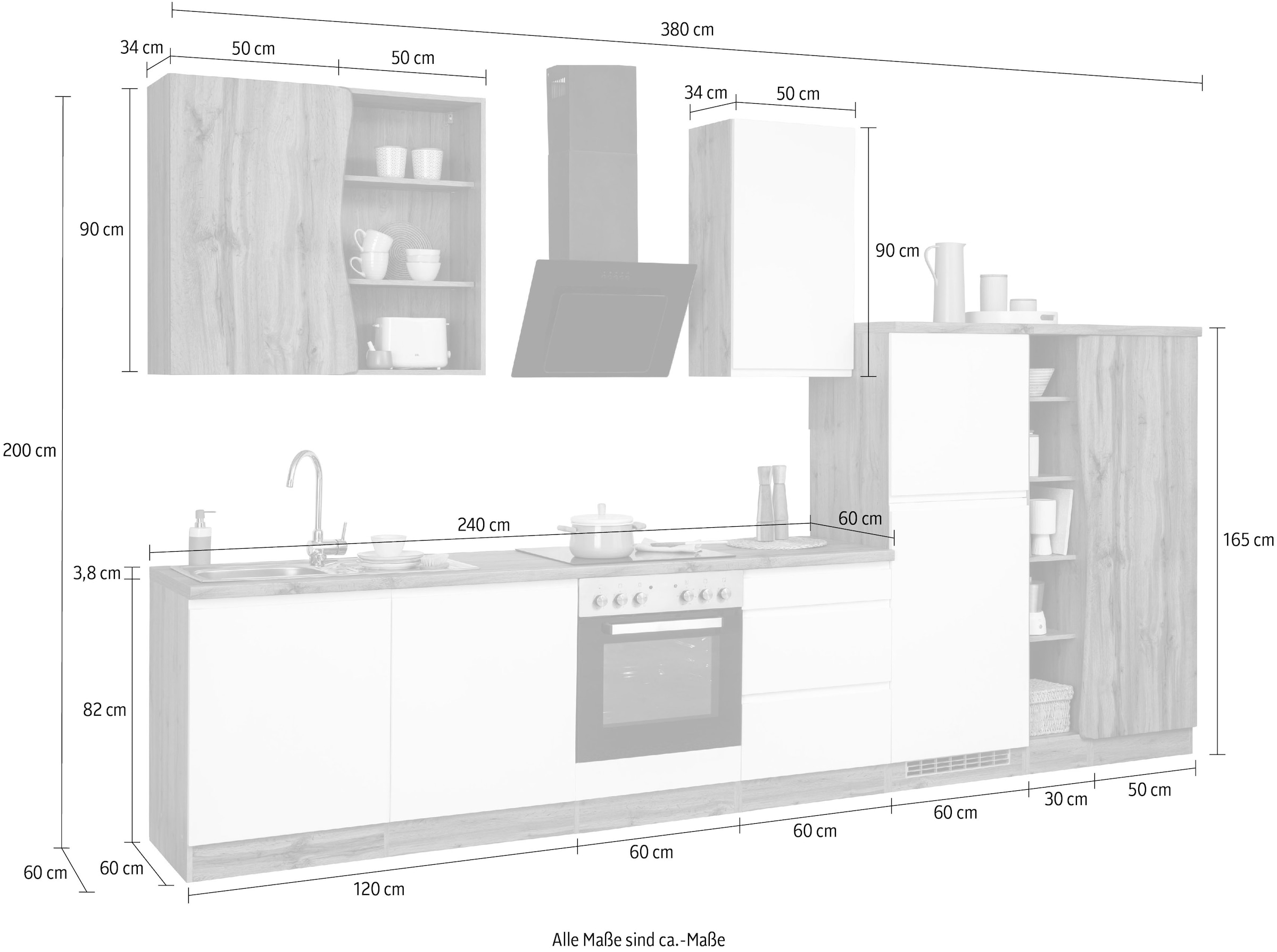 HELD MÖBEL Küche »Bruneck«, 380cm breit, wahlweise mit oder ohne E-Geräte, hochwertige  MDF-Fronten kaufen bei OTTO | Küchenzeilen ohne Geräte