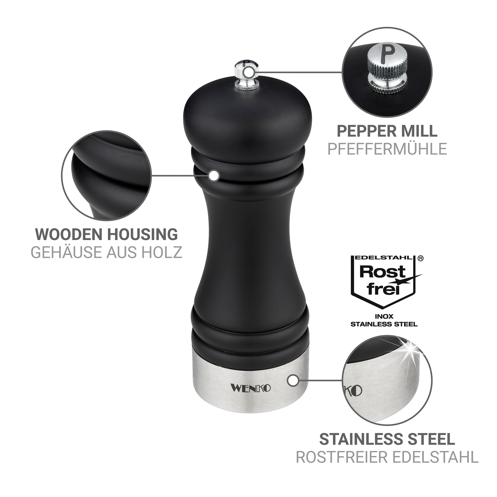 WENKO Salz-/Pfeffermühle »Modell Sali« Pfeffermühle mit Handmahlwerk aus Keramik, ideal für BBQ und Grill