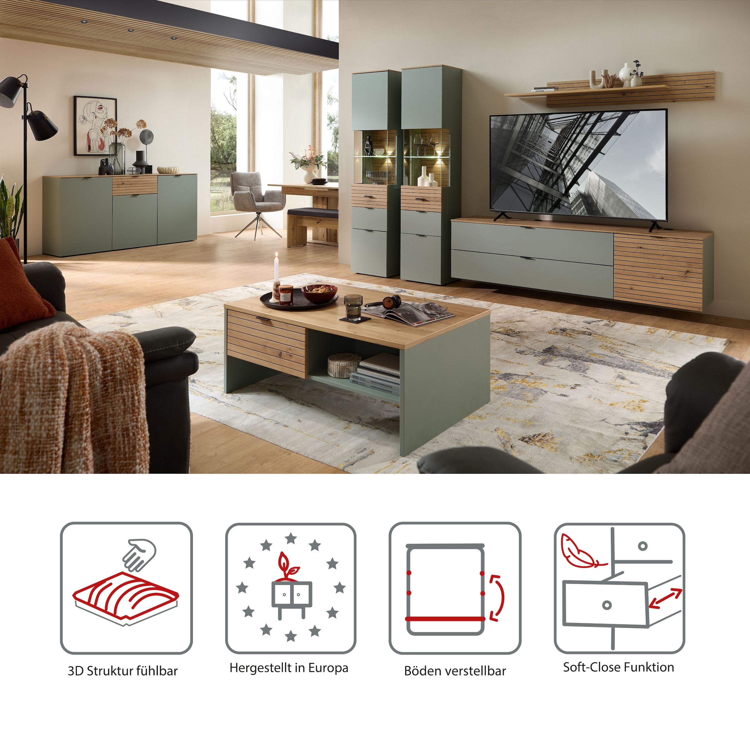 Innostyle Sideboard »INA Sideboard, 180 x 90 x 45 cm (B/H/T)« 1 Stk. tlg. 3 türig, Schublade, Softclose