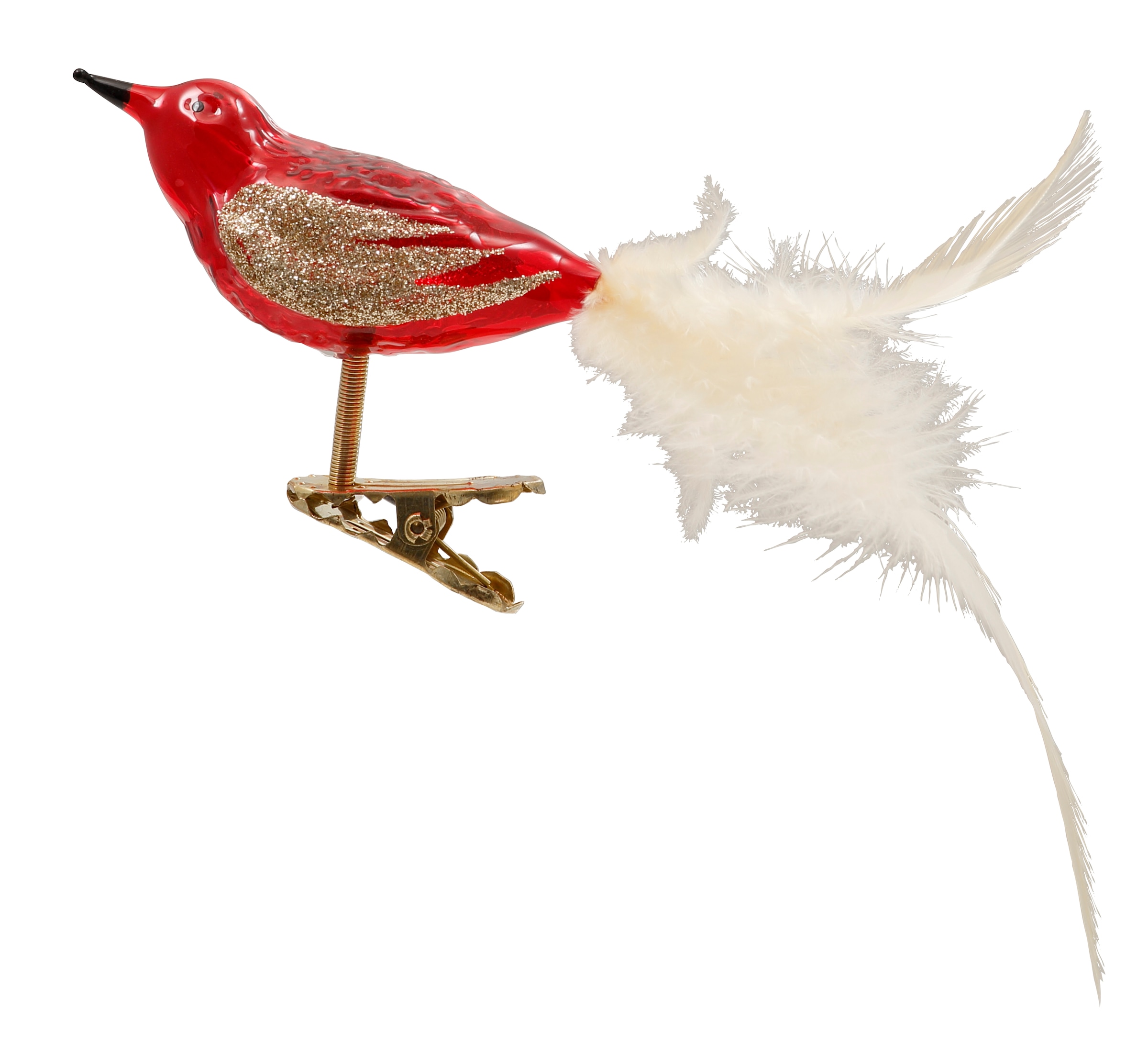 Christbaumschmuck Glas Vogel mit Federn und Sternen auf Clip 8,5cm Rot