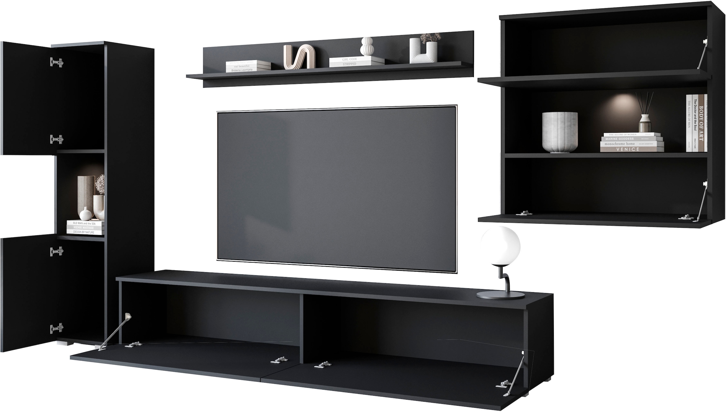 INOSIGN Wohnwand »PARIS, Vitrine Türanschlag links/rechts wechselbar«, (Komplett-Set, 4 St.), grifflose Design, stehend und hängend montierbar