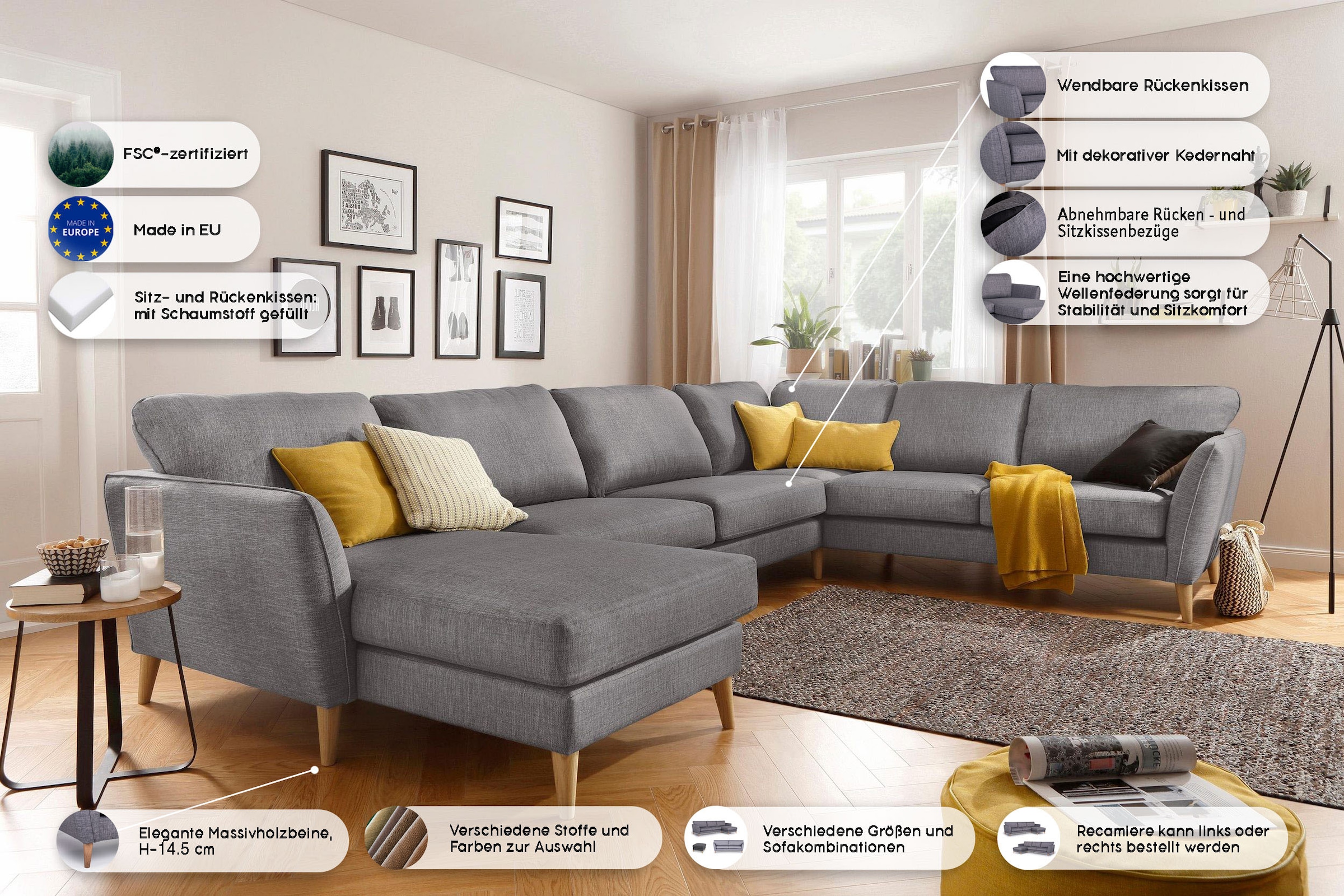 Home affaire Wohnlandschaft »MARSEILLE XXL 349cm, U-Form, Ottomane rechts/links wählbar« Massivholzbeine Eiche, Landhausstil, Wellenunterfederung