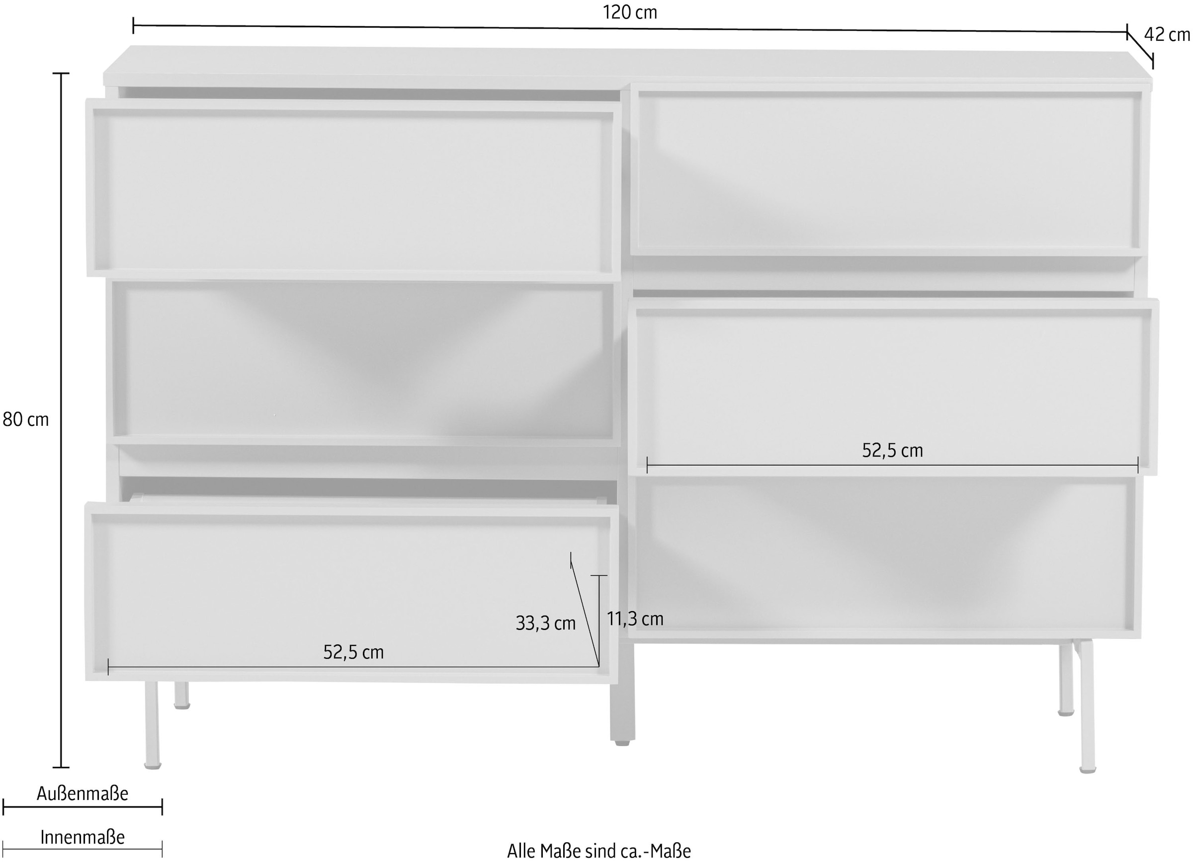 WOOOD Sideboard »Tours mit Melamin-MDF und breiter Ausführung B 120 x T 42 x H 80 cm« Tragkraft Deckplatte 50 kg, schmutzabweisende Oberfläche