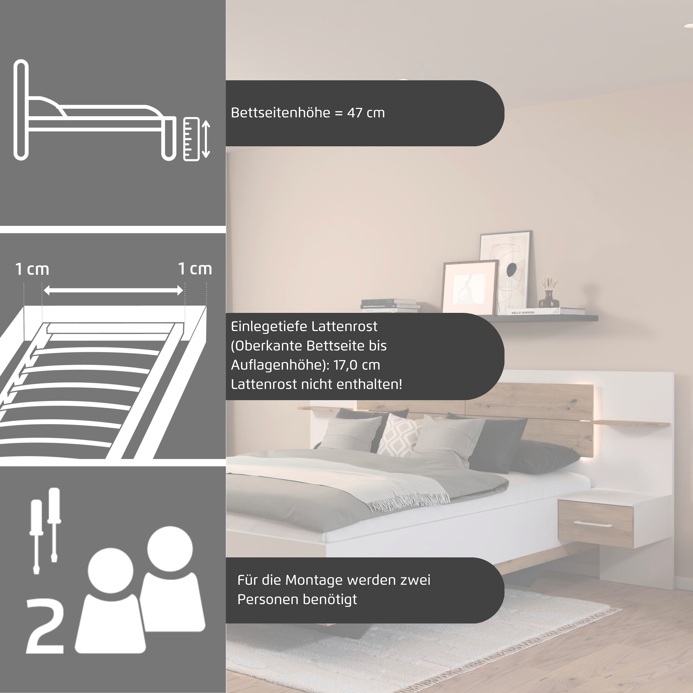 rauch Bettanlage »Bett Doppelbett Komfortbett Funktionsbett BOSTON-EXTRA« Set, Liegeflächen 160 cm oder 180 cm, 3 tlg. tlg. Mit warmer Kopfteil-Beleuchtung, 2x Hänge-Nachttische MADE IN GERMANY