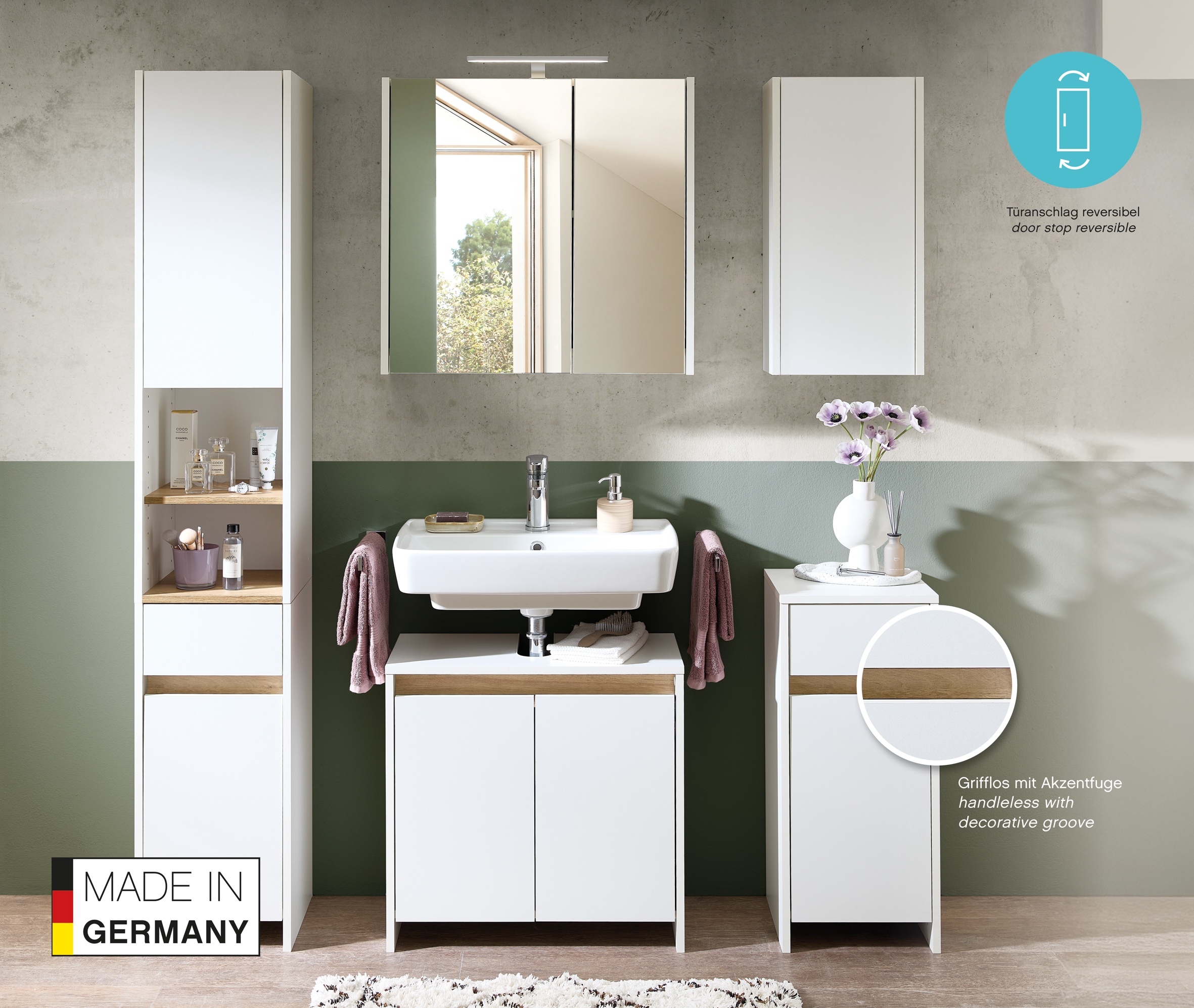 Saphir Badmöbel-Set »Quickset 100, Waschbeckenunterschrank mit Spiegelschrank«, (5 St.), Badezimmer-Set mit Unterschrank, Hängeschrank und Hochschrank in Weiß