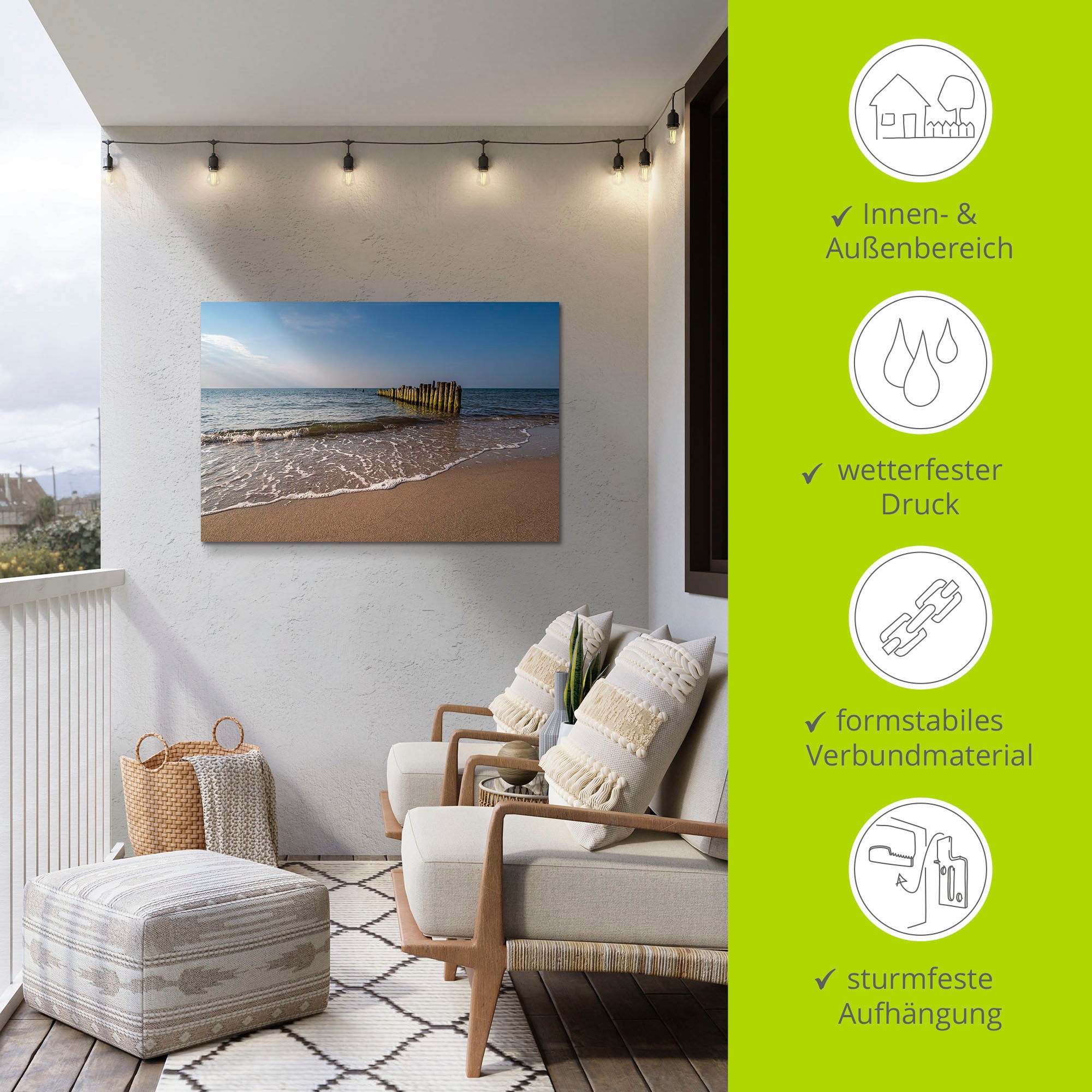 Artland Alu-Dibond-Druck »Buhnen an Küste Ostsee bei Graal«, Strandbilder, (1 St.), für Innen- und Außenbereich geeignet, Outdoorbild