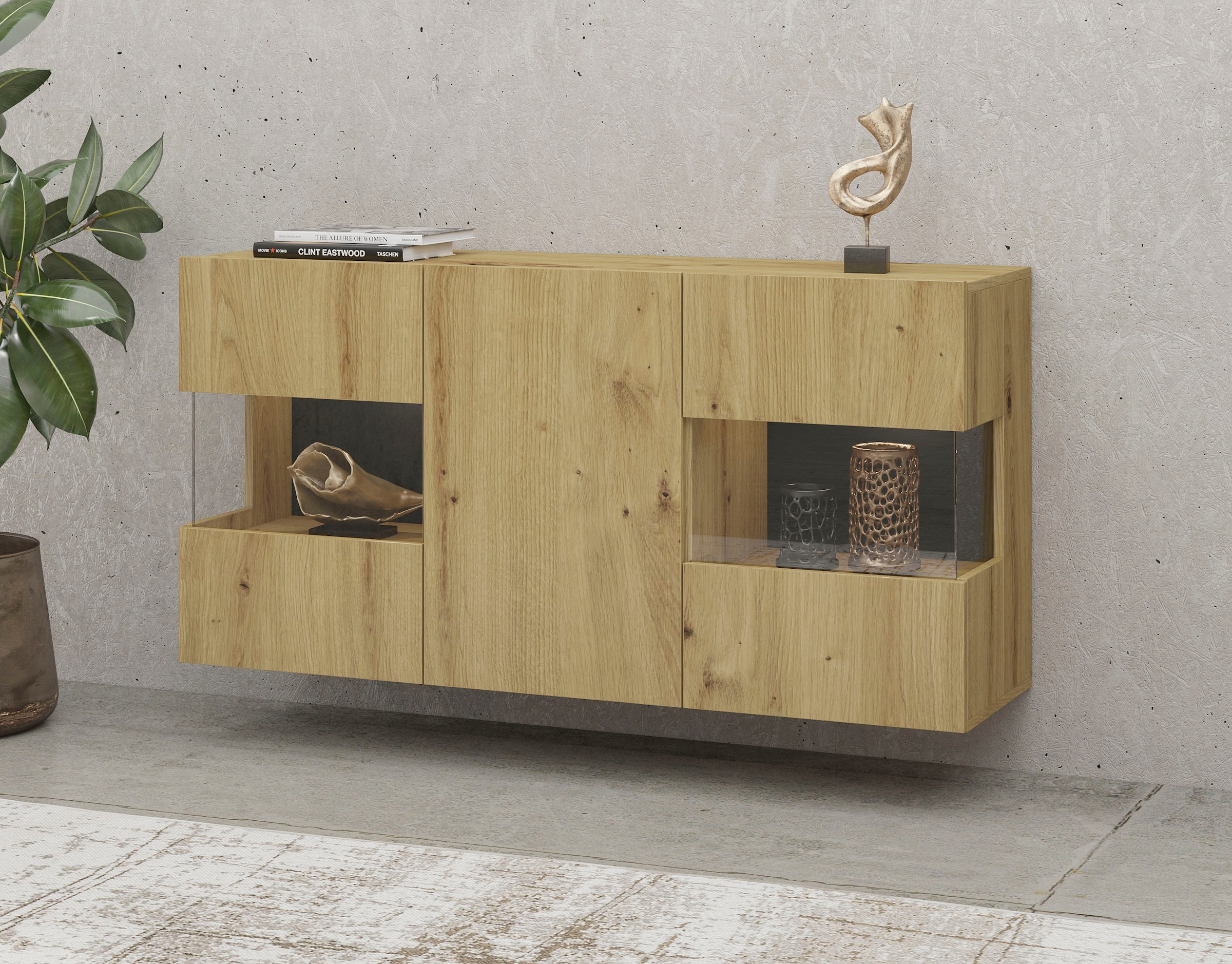 INOSIGN Sideboard »Ava, Breite 120 cm, hängend und stehend montierbar«, moderne grifflose Kommode, Anrichte, 3Türen, Eckverglasung