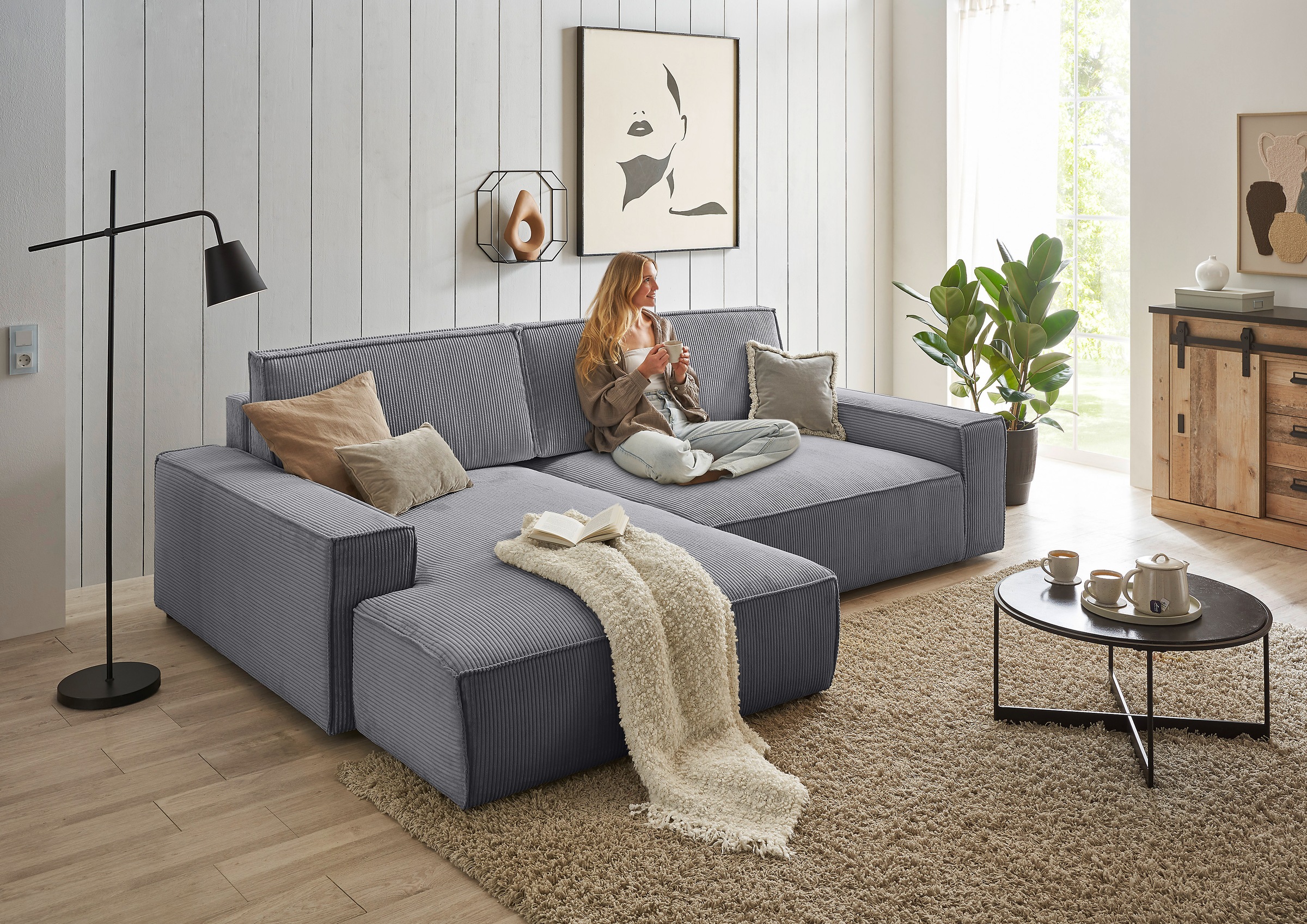 Home affaire Ecksofa »NEU: SHERWOODL XXL 284, Big-Sofa L-Form, tiefe Sitzfläche 95 cm, Cord,«, Leinenoptik, Recamiere rechts/links, auch als Schlafsofa stellbar