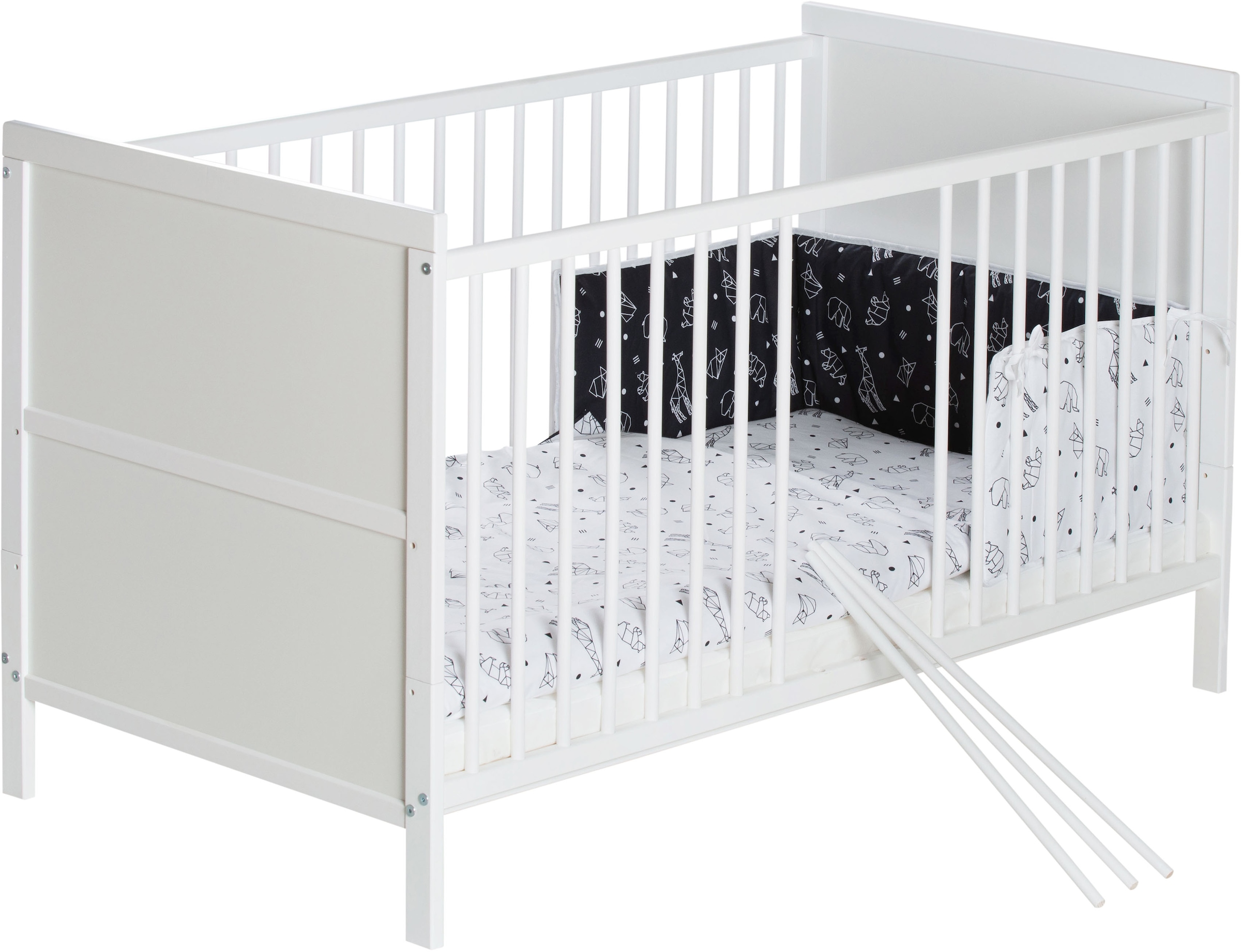 Schardt Babymöbel-Set »Lenny, Origami Black«, (Spar-Set, 2 St., Kinderbett, Wickelregal), Kinderbett mit textiler Ausstattung und Wickelregal mit Wickelauflage