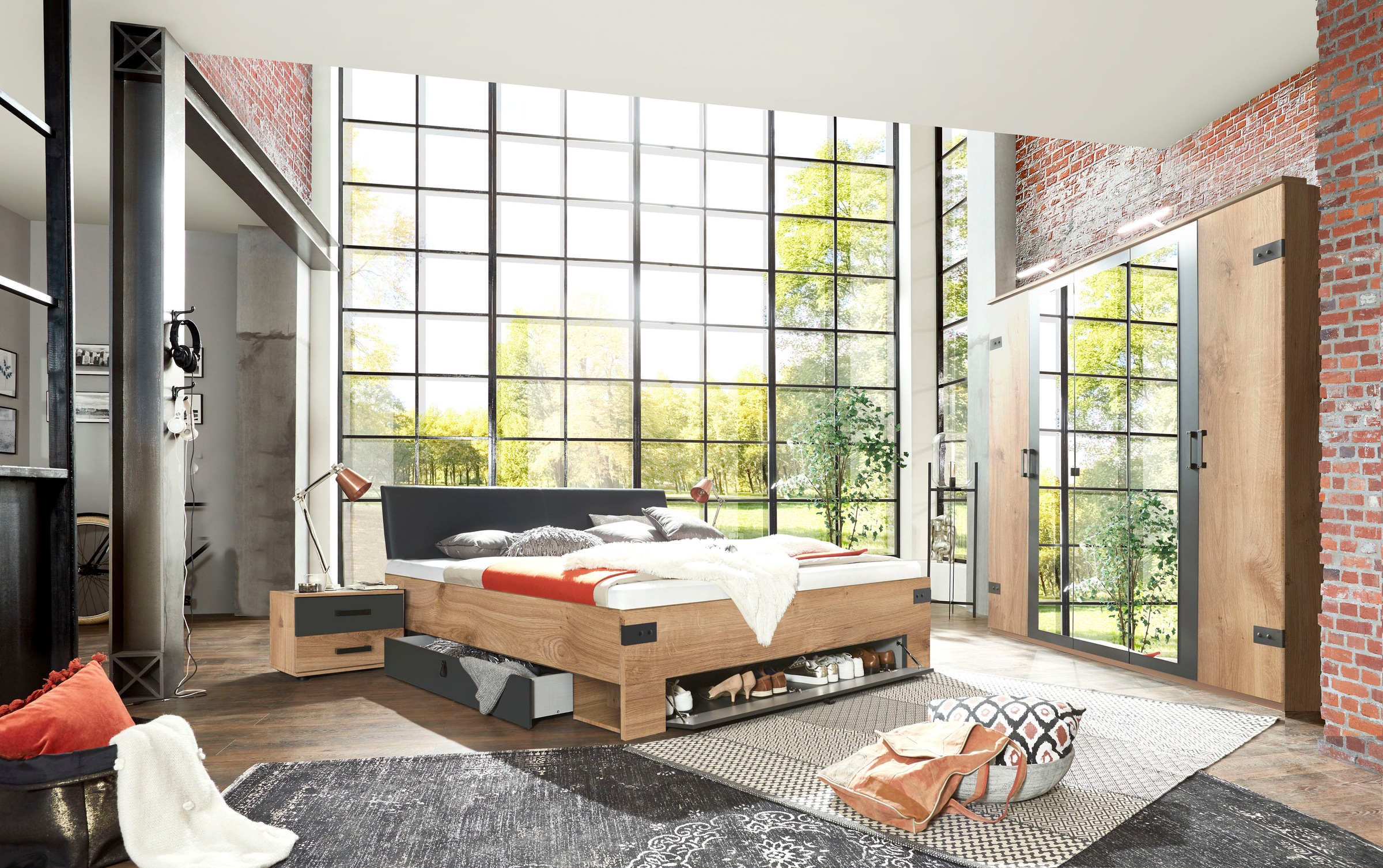 Wimex Schlafzimmer-Set »Stockholm, rustikaler Look im Industrial Design«, (Set), 6-teilig, Kleiderschrank mit Spiegel, Bett inklusive Schubladen