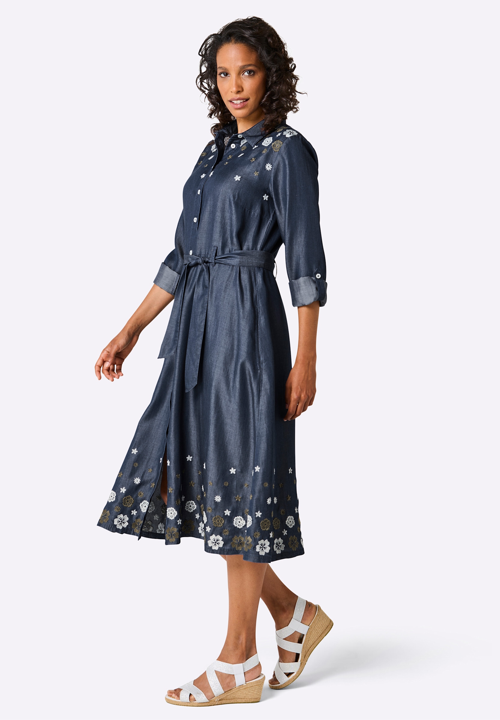 creation L Hemdblusenkleid »Lyocell-Kleid Webkleid mit Blüten-Stickerei« Ohne Taschen