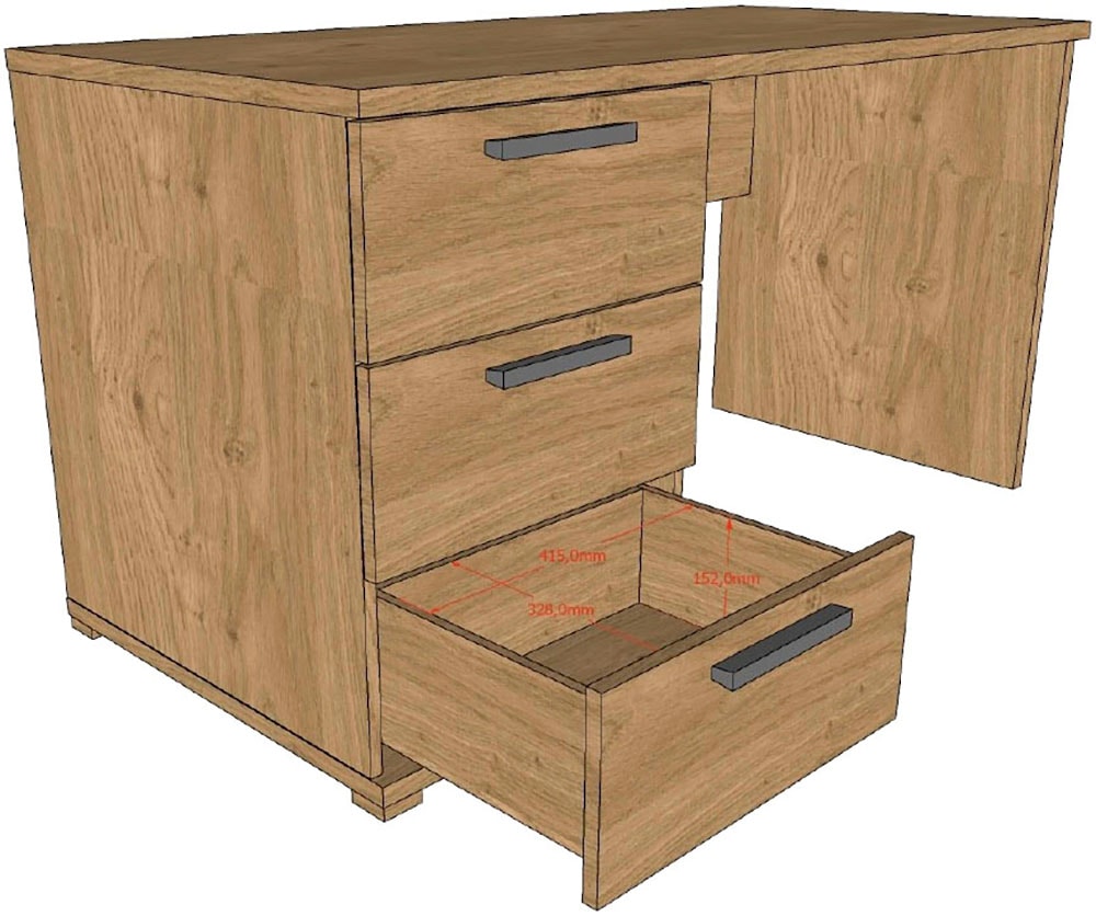 Vipack Schreibtisch »SAM mit pflegeleichter Melamin Oberfläche universell einsetzbar« (B/H/T ca.: 140x74,4x65,2 cm) mit 3 geräumigen Schubladen,  großer Arbeitsbereich (140x65 cm), Ausf. In wohnlichem Eiche Dekor