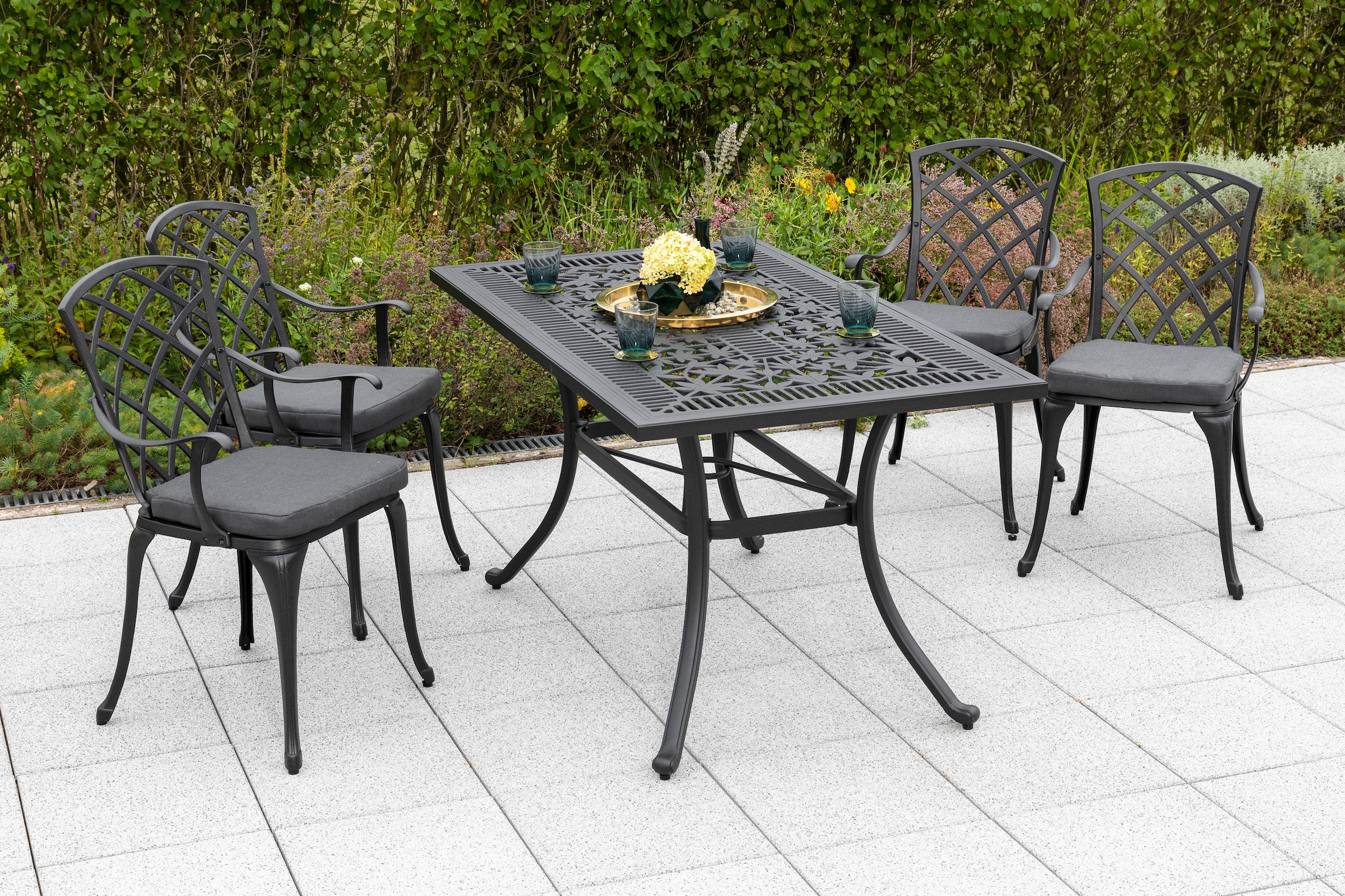 MERXX Garten-Essgruppe »Rhodos« Set, 9 Stk. tlg. 4 Sessel,inkl. Auflagen, Tisch
