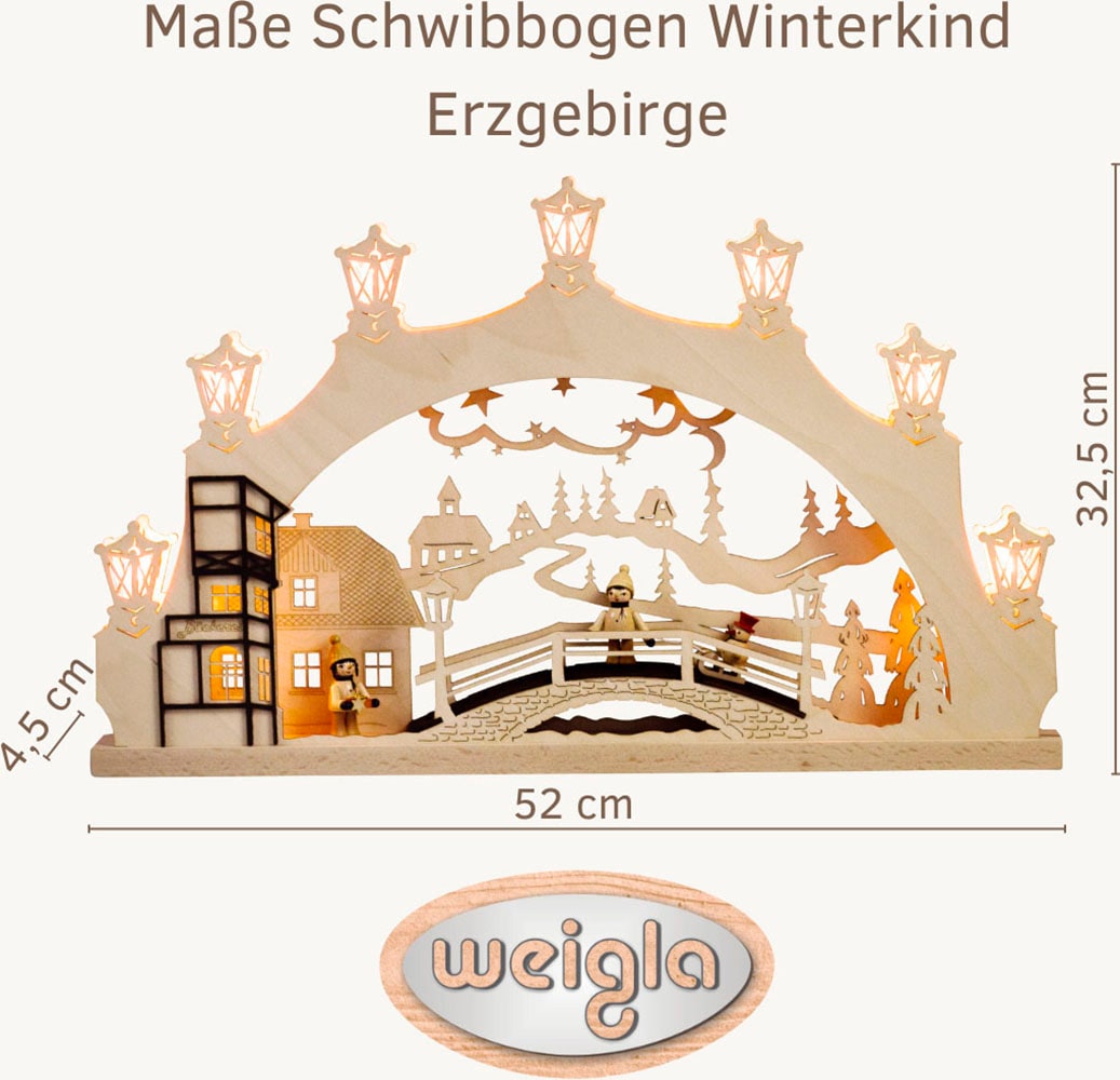 Weigla LED Schwibbogen »Winterkind Erzgebirge mit handgedrechselten Figuren, Lichterbogen«, Erzgebirge garantiert, Weihnachtsdeko Innen, Weihnachtsbeleuchtung