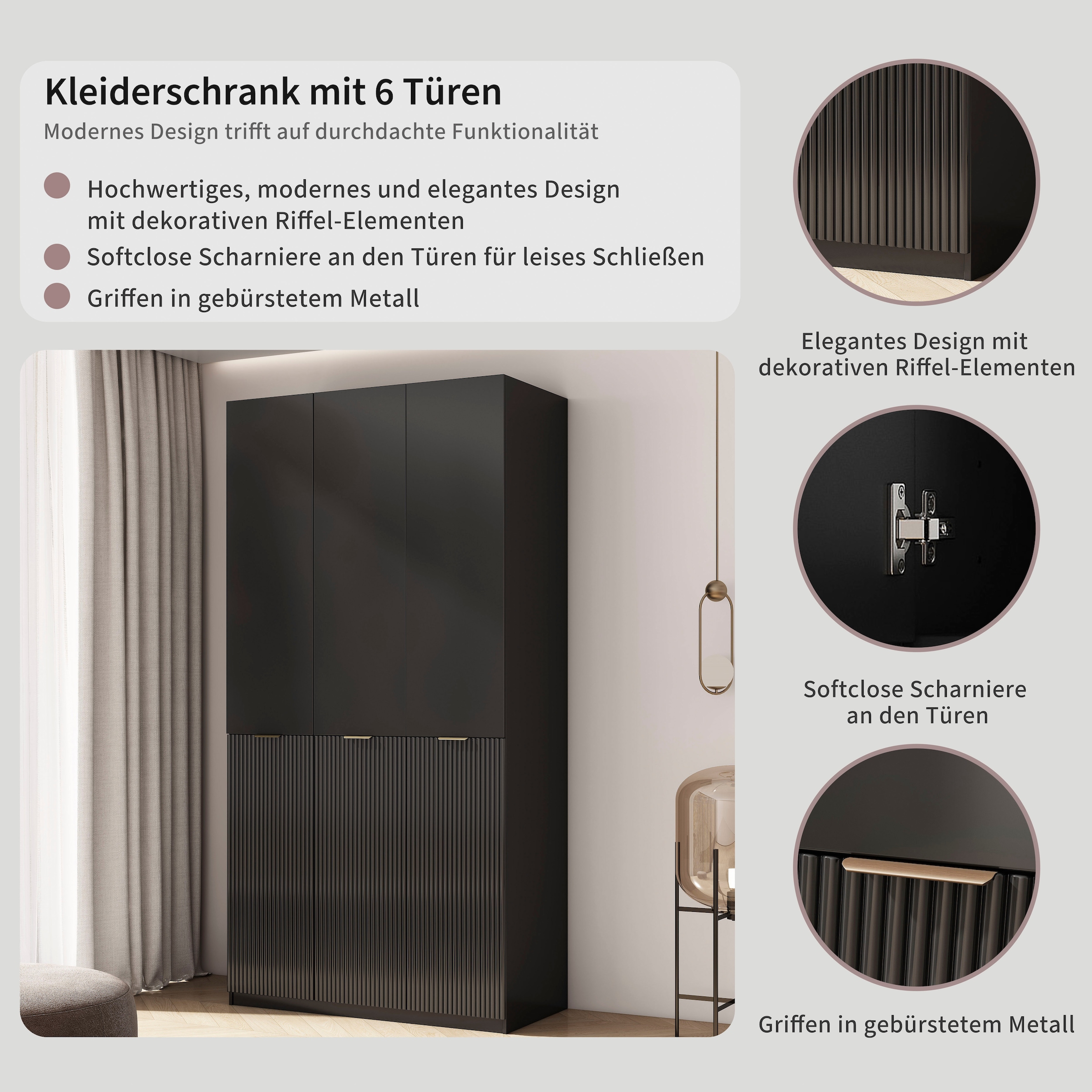 OTTO home Kleiderschrank »Jorella Schlafzimmerschrank Garderobe mit Softclose« eleganter Schlafzimmerschrank Rillendesign Trend Breite 121cm