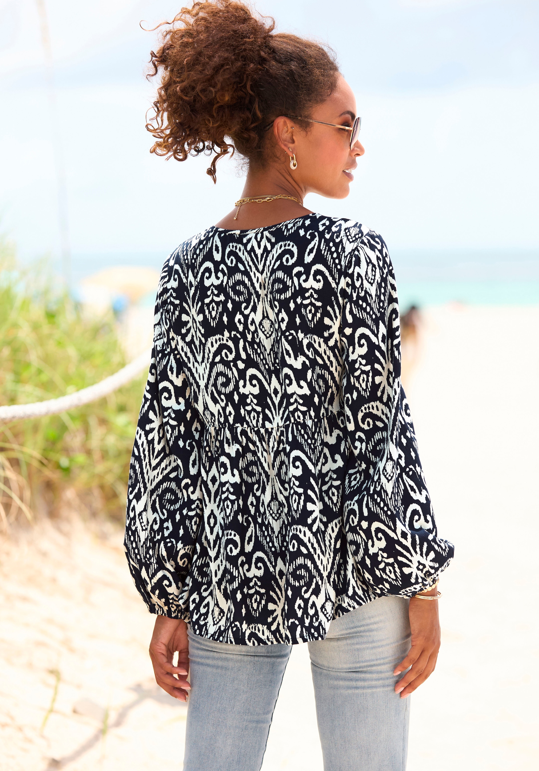 Vivance Langarmbluse, mit Ballonärmeln, luftige Tunika mit Alloverprint, Boho-Style