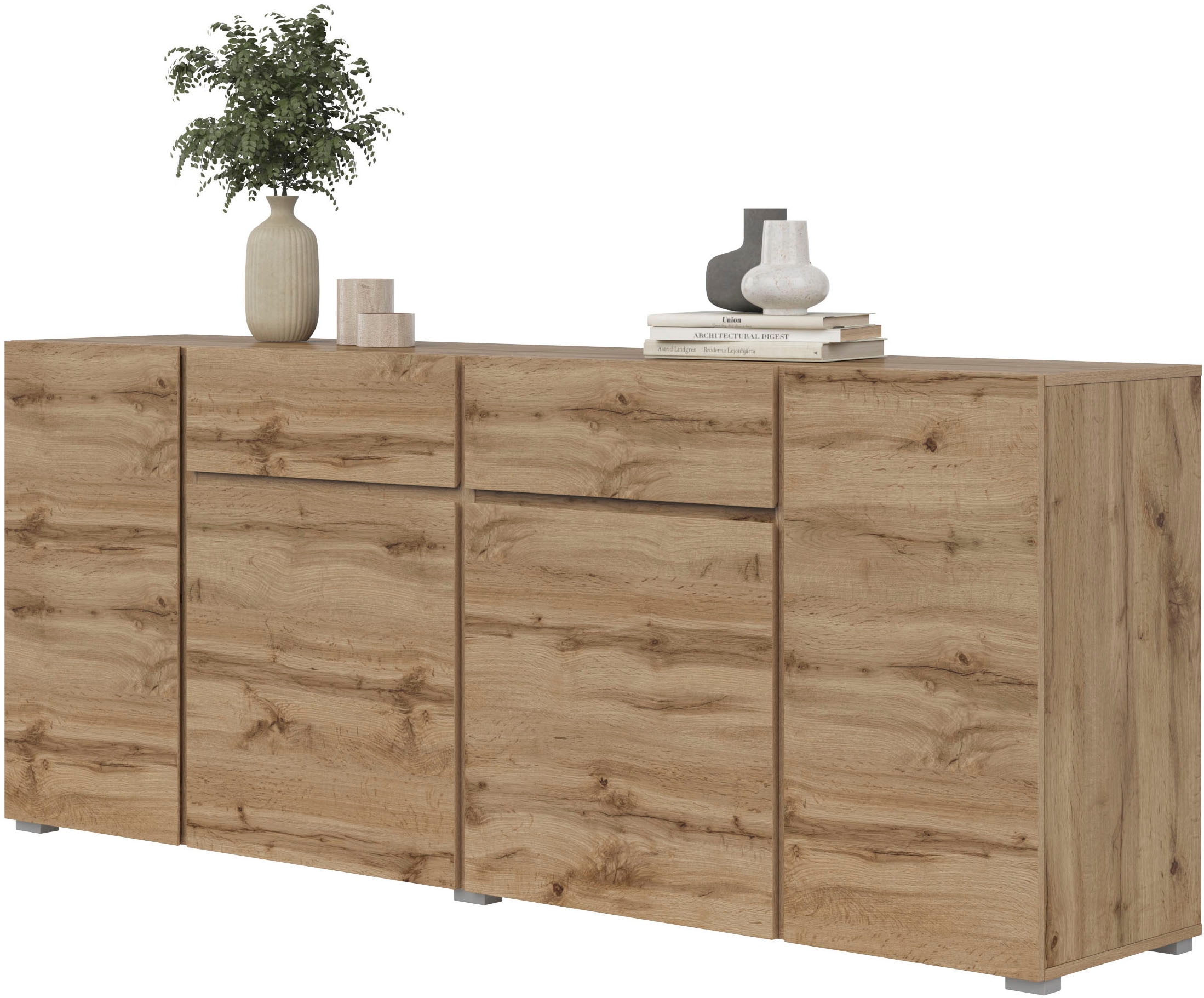 INOSIGN Sideboard »Asymetric, Breite 195 cm, grifflose Kommode 4 Türen/2 Schubkästen«, Schubladenschrank mit viel Stauraum, Einlegeböden verstellbar