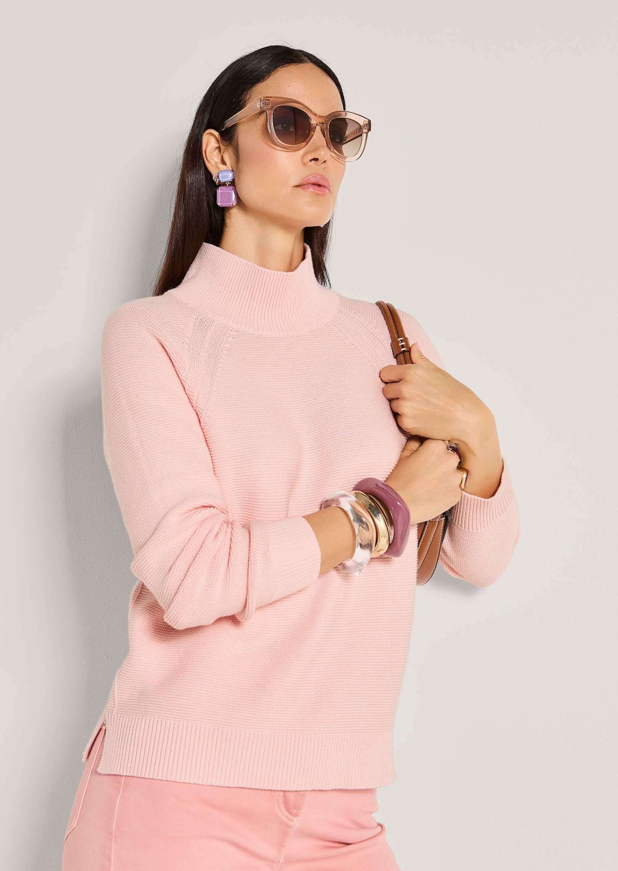 MADELEINE Longpullover »Strickpullover Zeitloser Baumwollpullover mit Stehkragen« links gestrickt