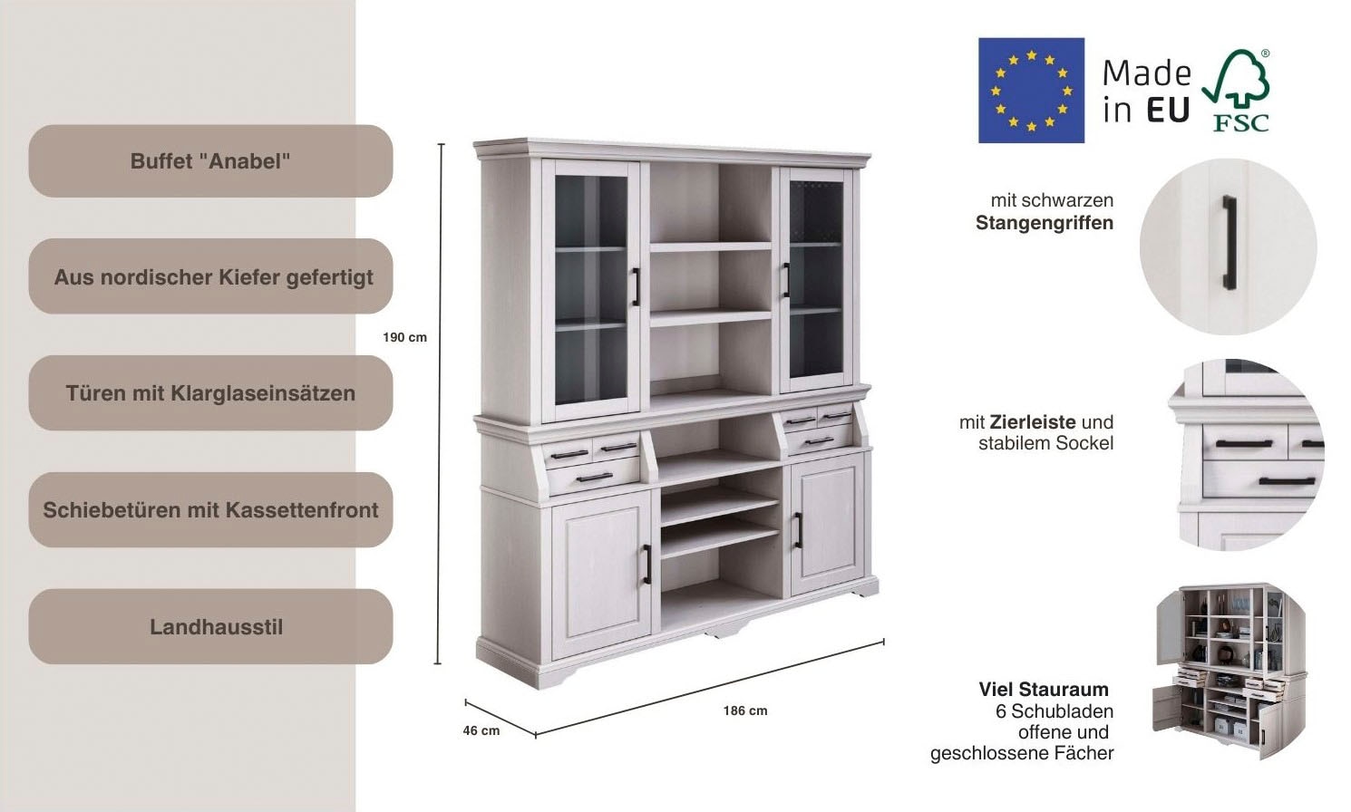 Home affaire Buffet »Anabel« zertifiziertes Massivholz, Breite 186 cm, im Landhausstil