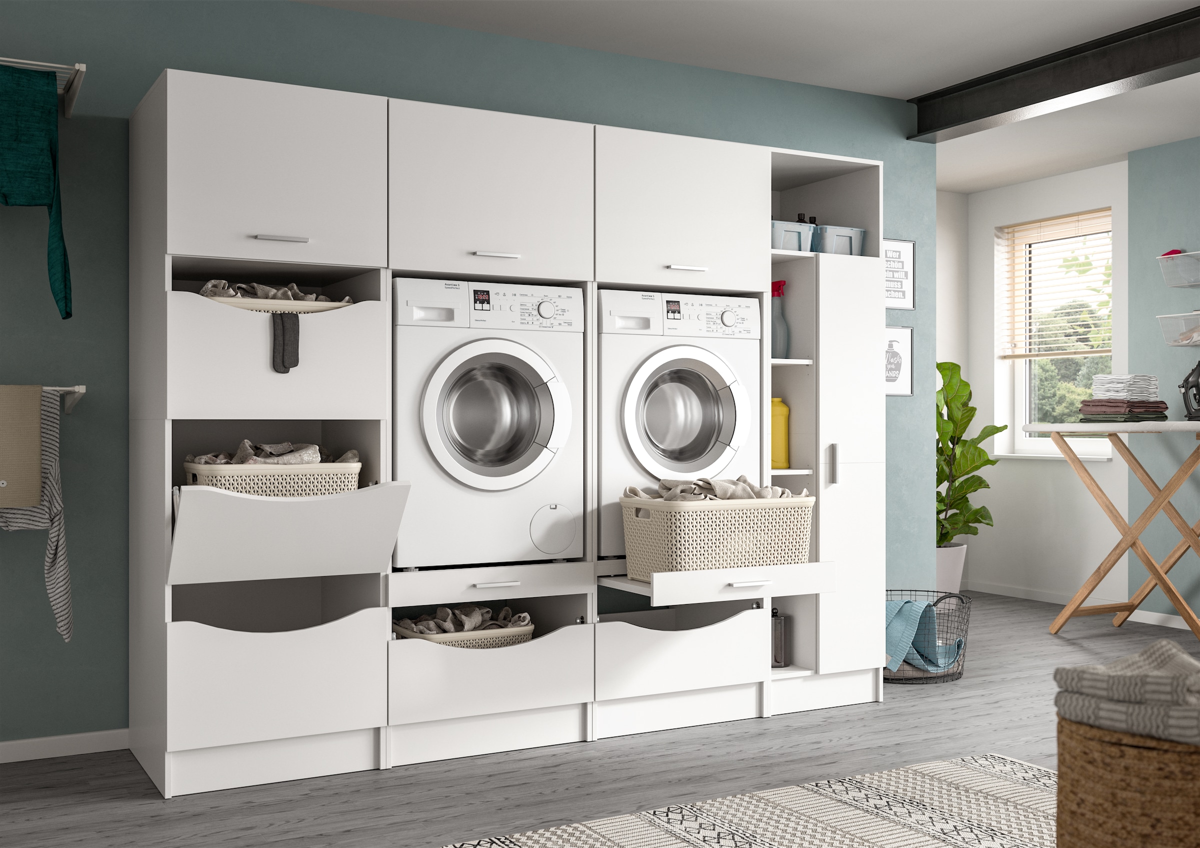 welltime Mehrzweckschrank-Set »FALAS,  4-teilig, Hauswirtschaftsraum Set, Breite 242 cm« 2x Waschmaschinenumbauschrank, 1x Wäscheschrank & 1x Mehrzweckschrank, 