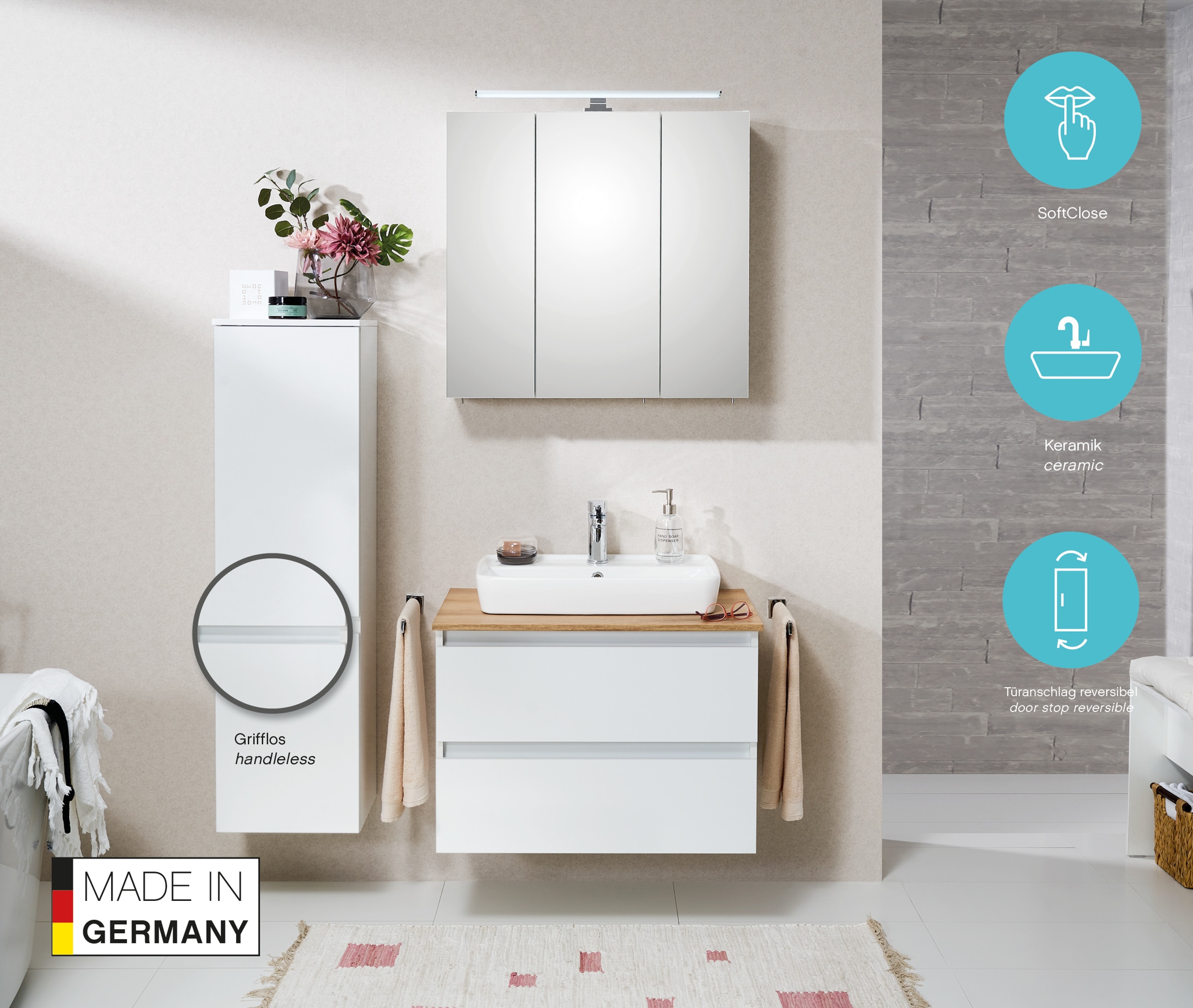 Saphir Waschtisch »Quickset 360 Waschplatz mit Keramik-Aufsatzbecken, wandhängend« Waschtischplatte, 78 cm breit, Weiß Glanz, 2 Schubladen