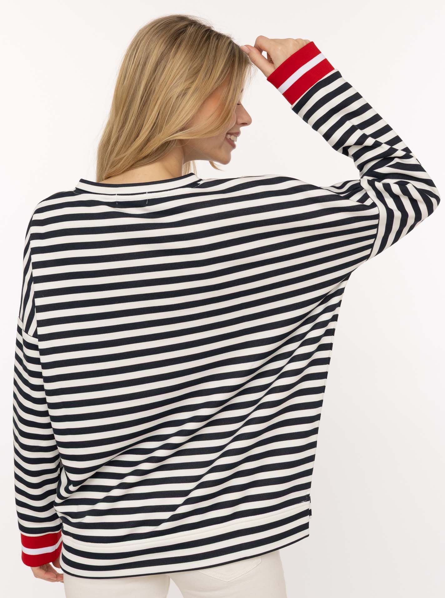 Zwillingsherz Hoodie »"Streifen Moin"«, V-Neck, gestreift, Stickerei mit Anker, gestreifte Bündchen
