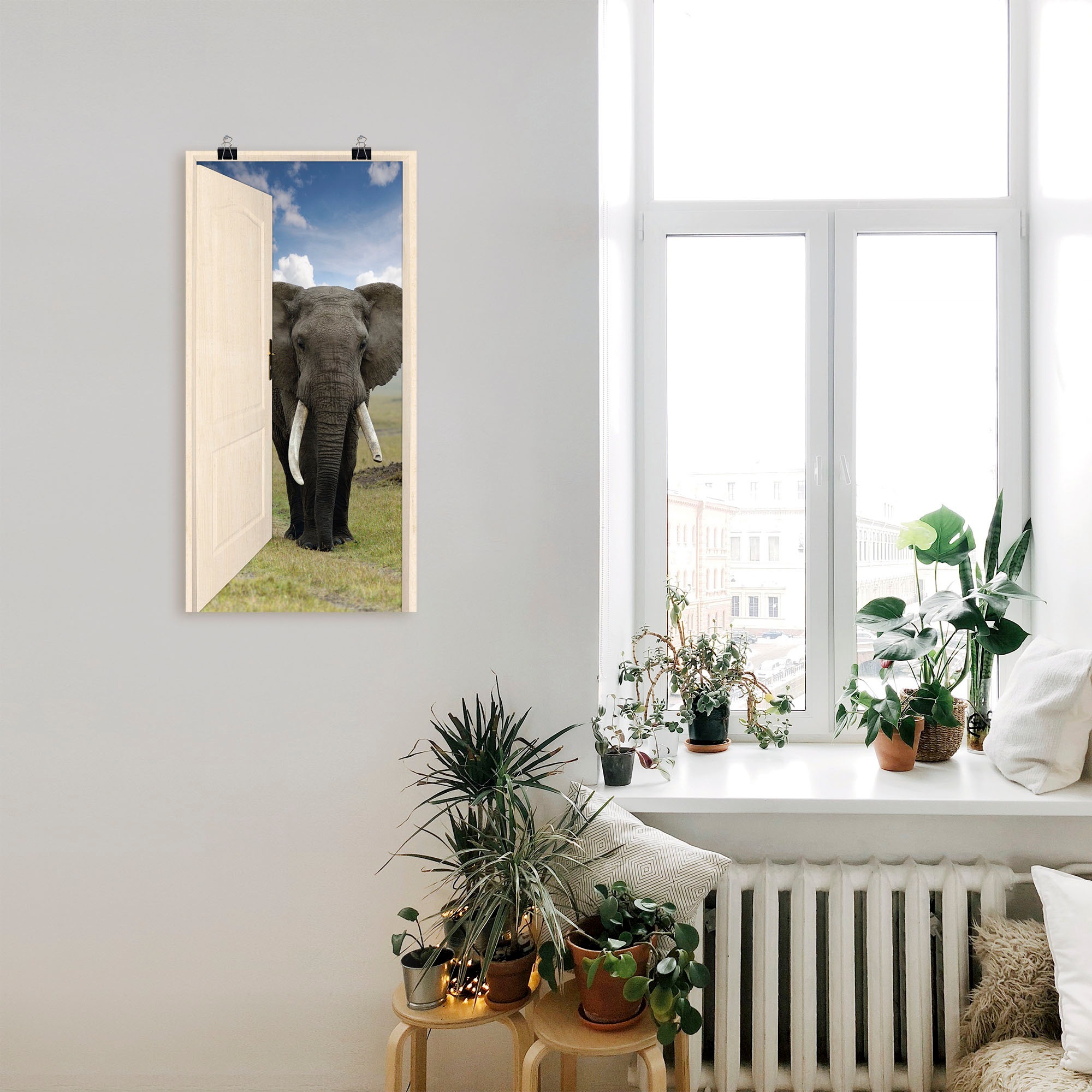 Artland Wandbild »Offene weiße Türe mit Blick auf Elefant«, Wildtiere, (1 St.), als Leinwandbild, Poster, Wandaufkleber in verschied. Größen