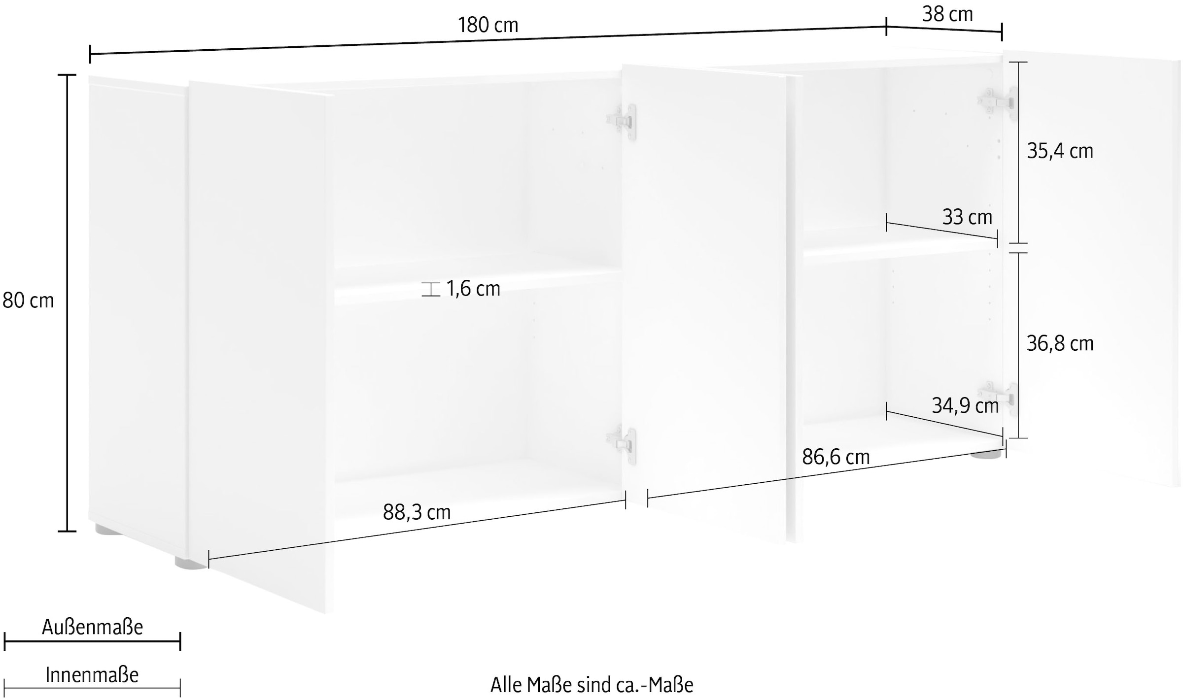 INOSIGN Sideboard »Mister«, Kommode mit 4 Türen, komplett Hochglanz lackiert, Breite 180cm