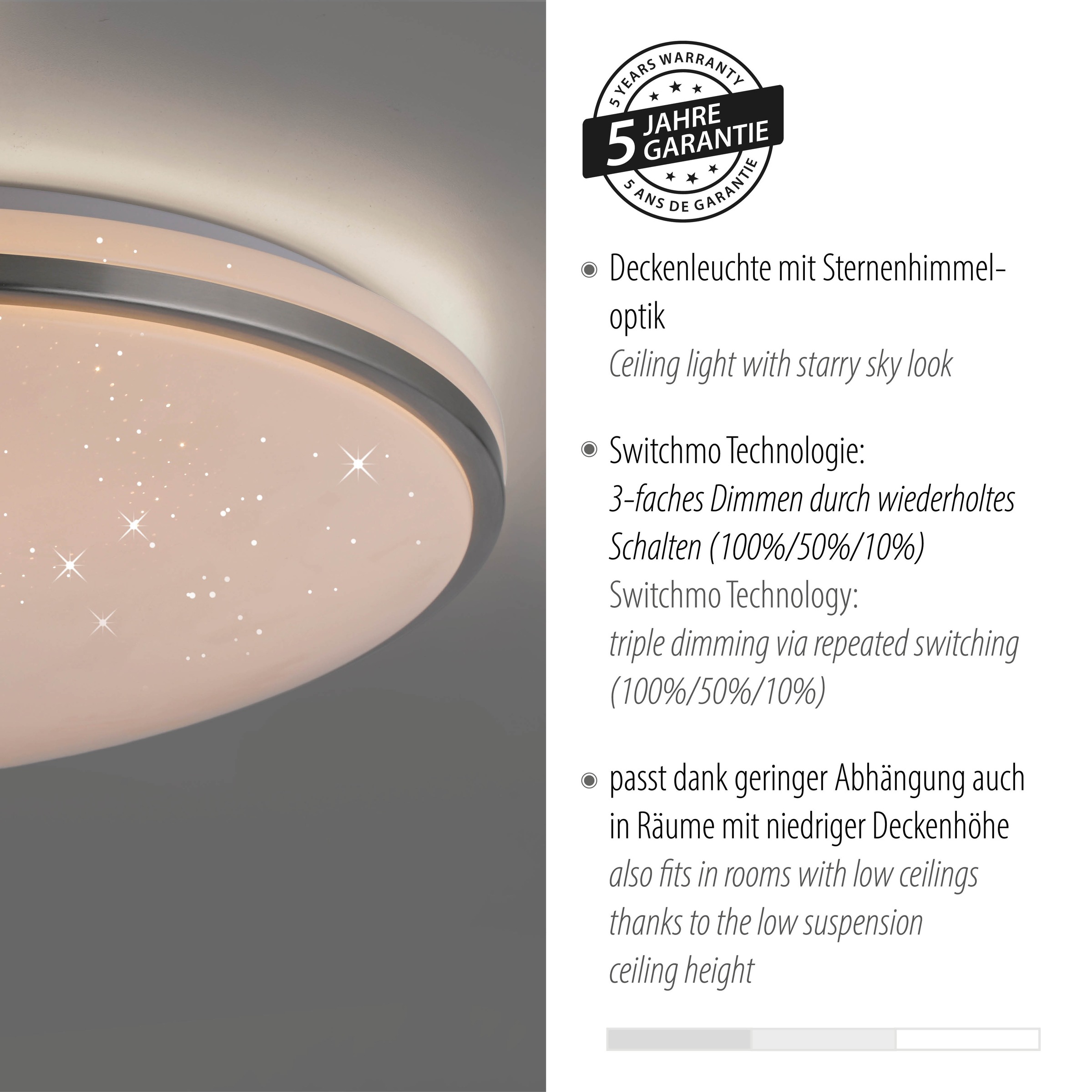 JUST LIGHT LED Deckenleuchte »KYLE« LED-Board 1 Stk. Warmweiß 3-Stufen Dimmer (100%-50%-10%) Starrysky, Memoryfunktion